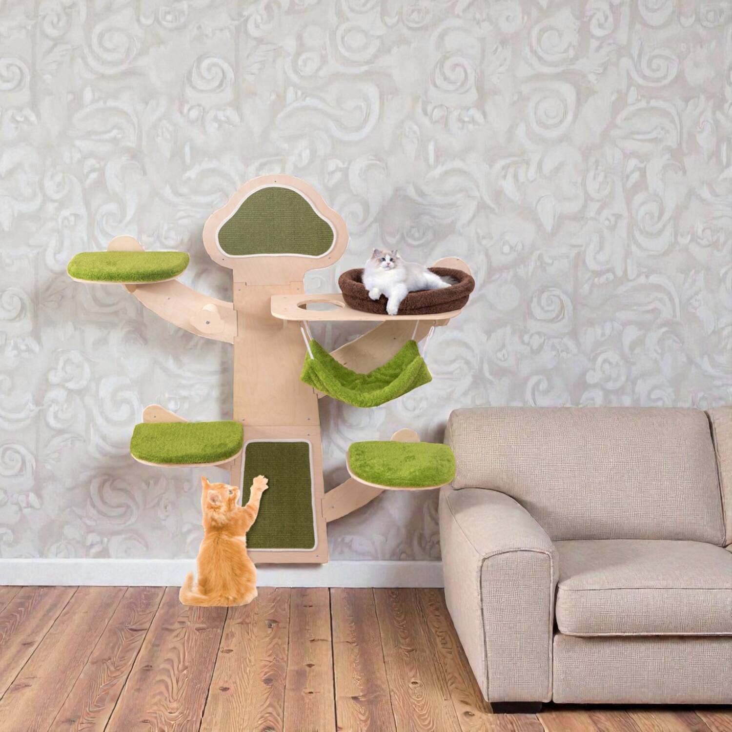 Front. BreeBe - Cat Wall Furniture Set Featuring Shelves and Mounted Bed - Green.