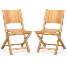 Front. Costway - 2 PCS Folding Patio Chairs with Inclined Backrest Teak Wood Outdoor Dining Chairs - Natural.