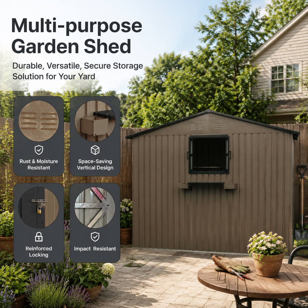 Multi-purpose Garden Shed  
Durable, Versatile, Secure Storage Solution for Your Yard  
Rust & Moisture Resistant  
Space-Saving Vertical Design  
Reinforced Locking  
Impact Resistant