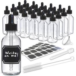 Nevlers - 2 Oz. Glass Dropper Bottles with Funnel, Brush, Marker and Labels (Pack of 24) - Clear