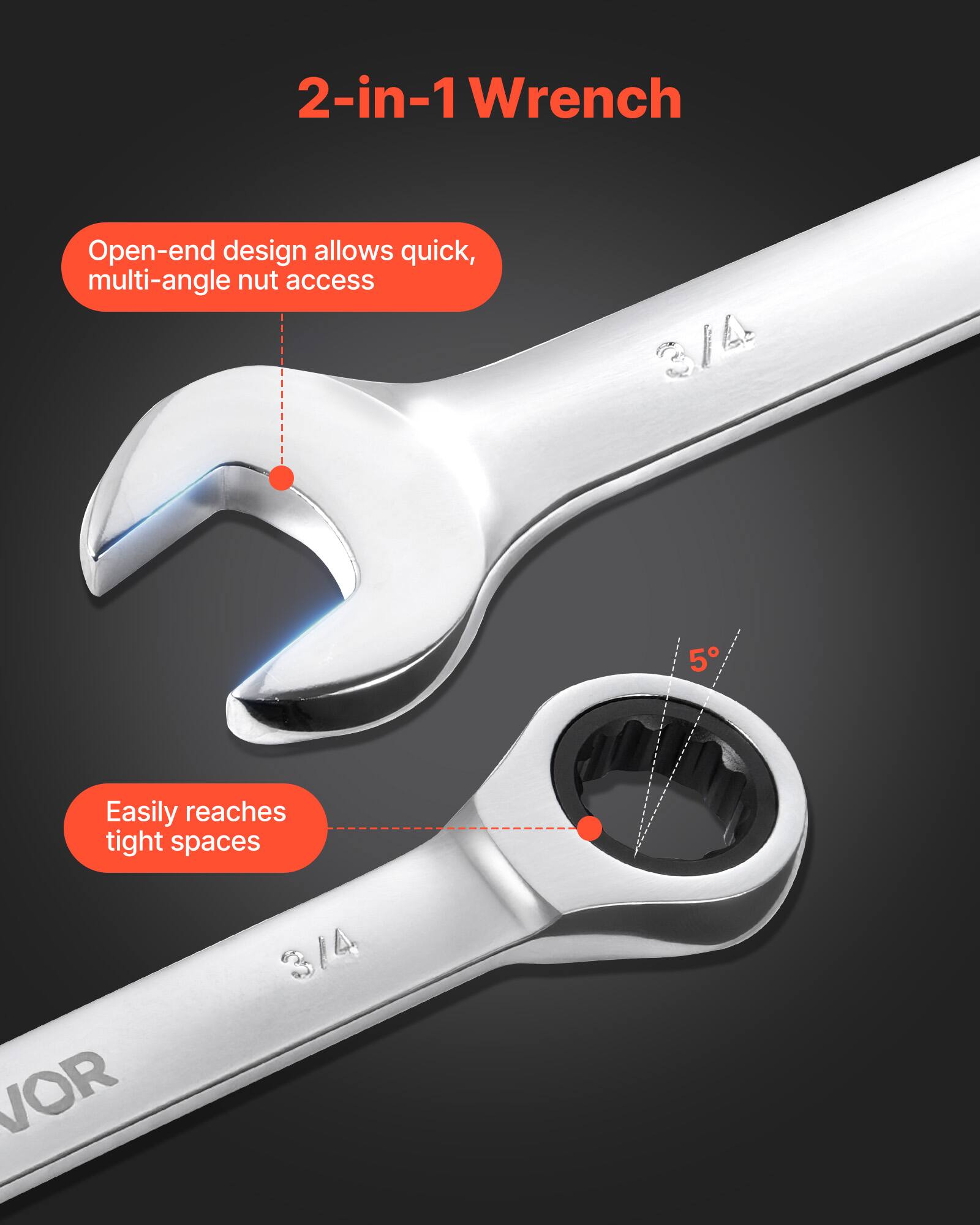 2-in-1 Wrench

Open-end design allows quick, multi-angle nut access

Easily reaches tight spaces

3/4

VOR