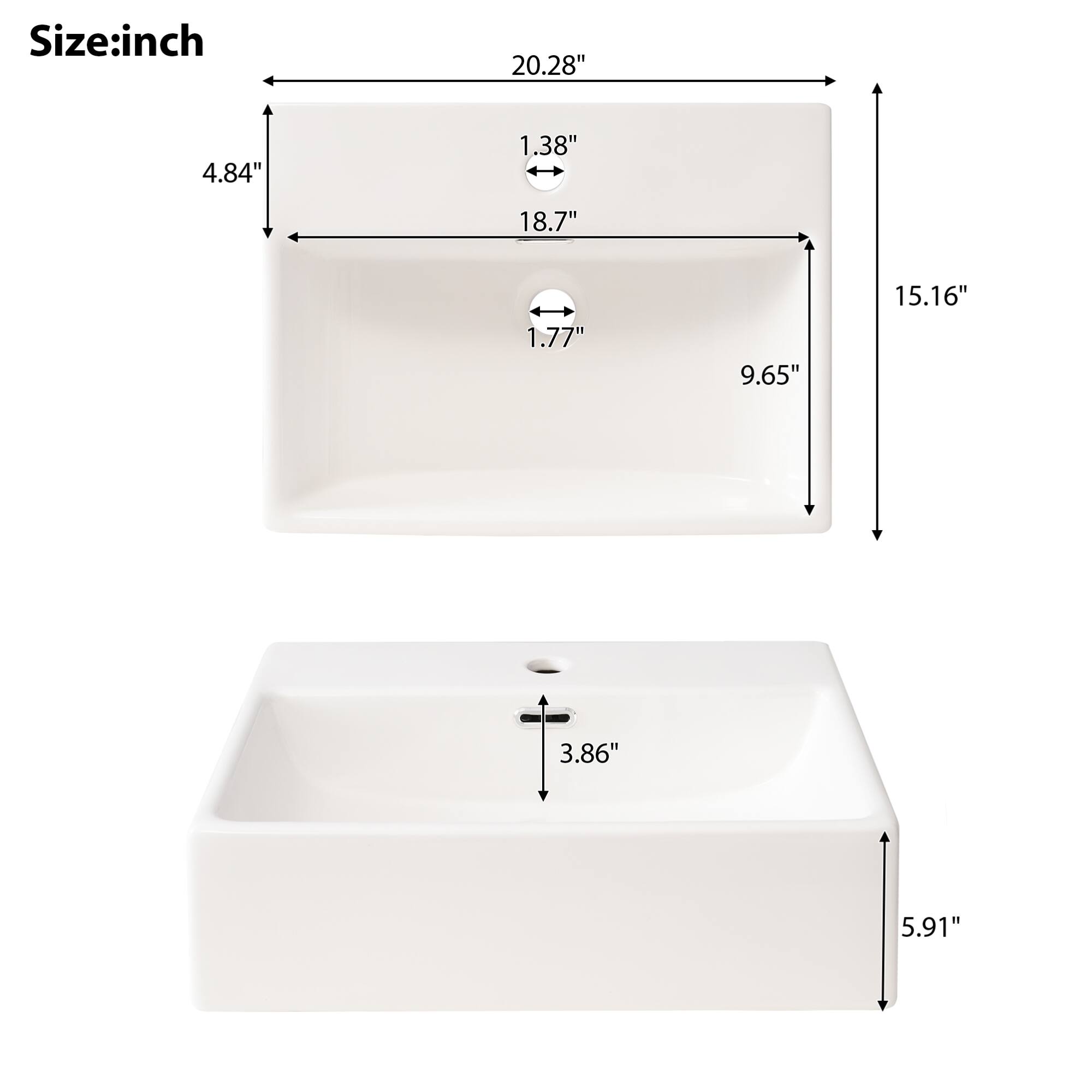 Size: inch

- Length: 20.28"
- Width: 18.7"
- Height: 4.84"
- Depth: 15.16"
- Faucet hole diameter: 1.77"
- Faucet hole center to edge: 9.65"
- Faucet hole center to center: 1.38"
- Sink depth: 3.86"
- Sink height: 5.91"