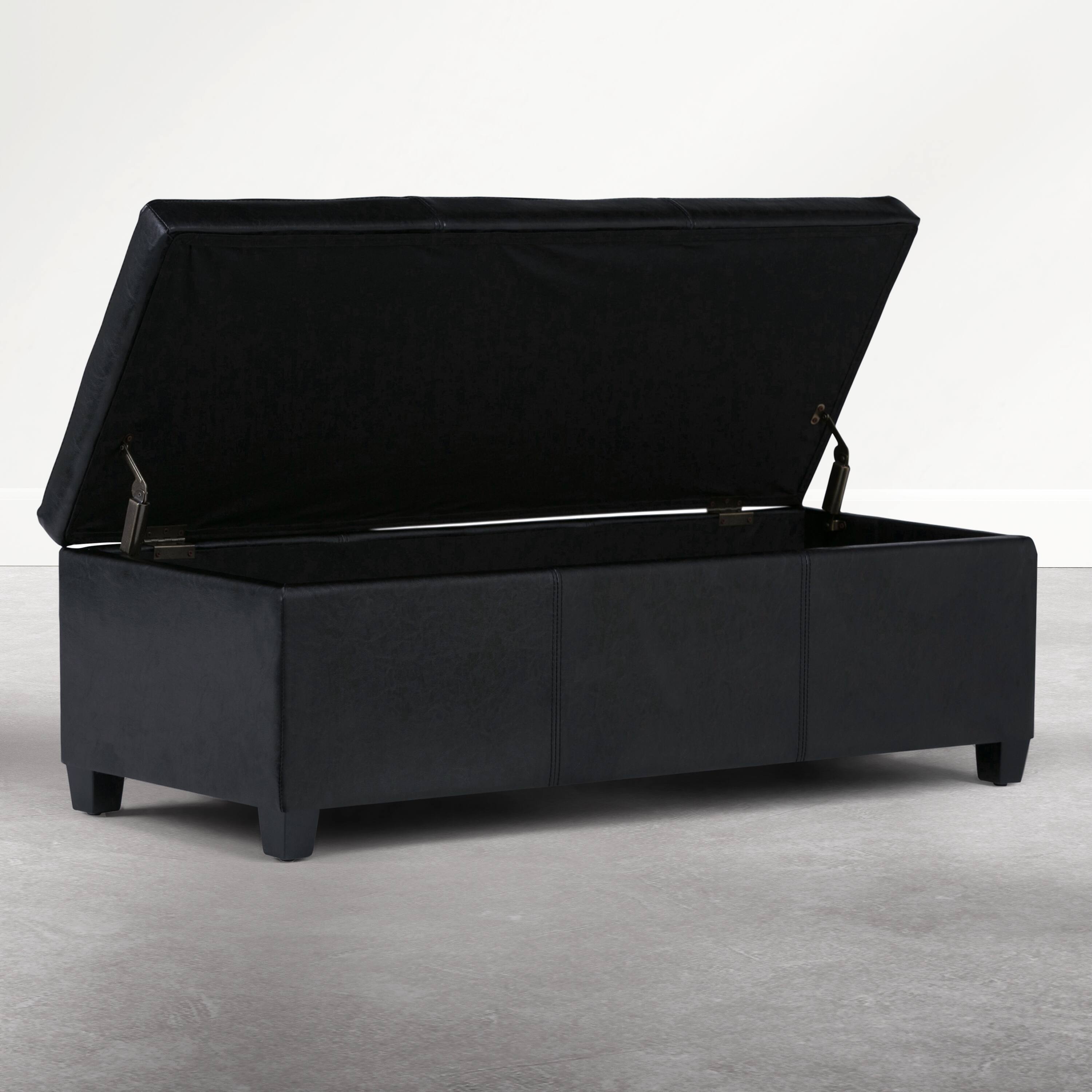 Left. Simpli Home - Avalon 48 inch Wide Solid Wood Rectangular Upholstered Storage Ottoman Bench, Carbon Black - Carbon Black.