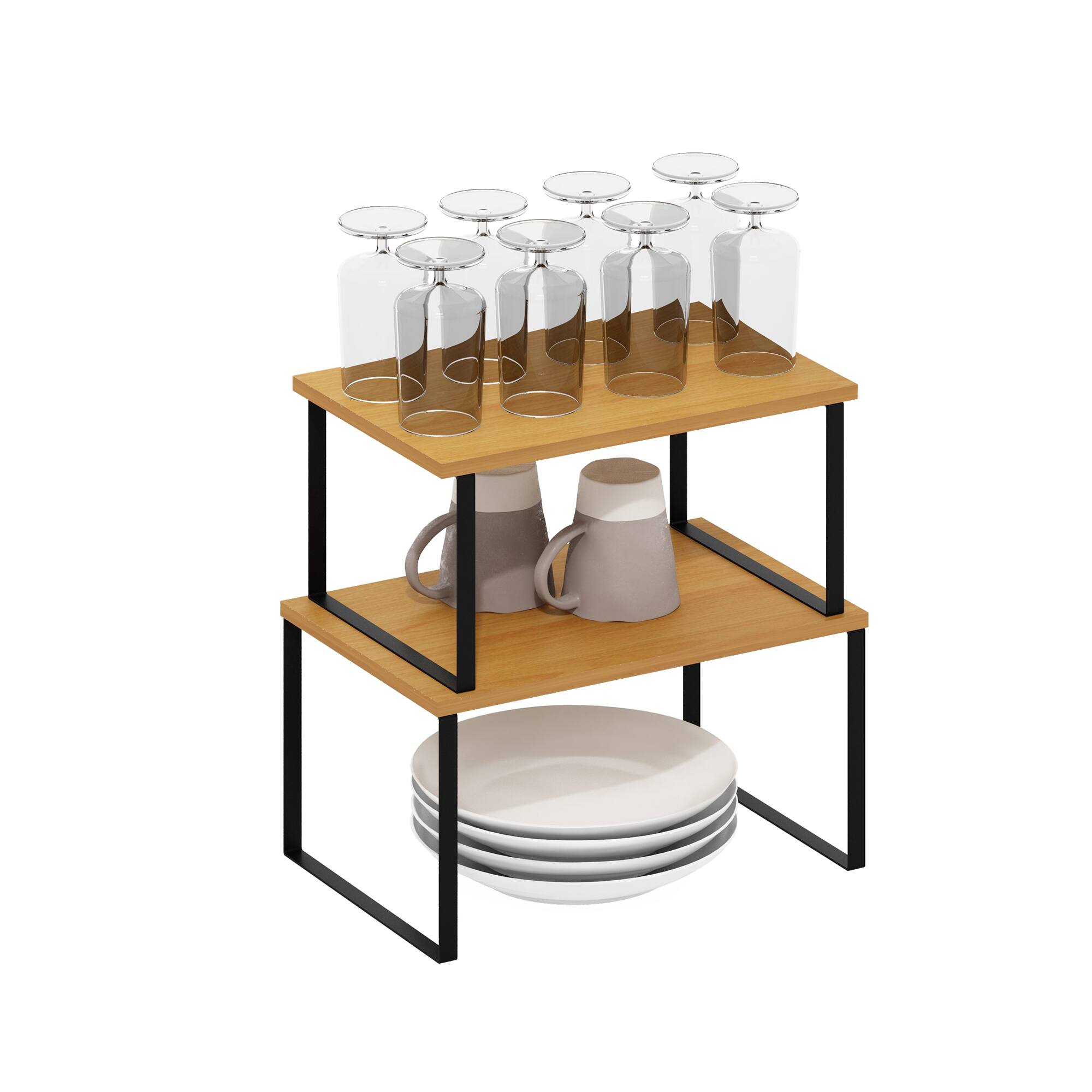 Alt View 2. Furinno - Ravel Multipurpose Expandable, Stackable Kitchen Counter Shelves, Set of 2 - Beech/Black.