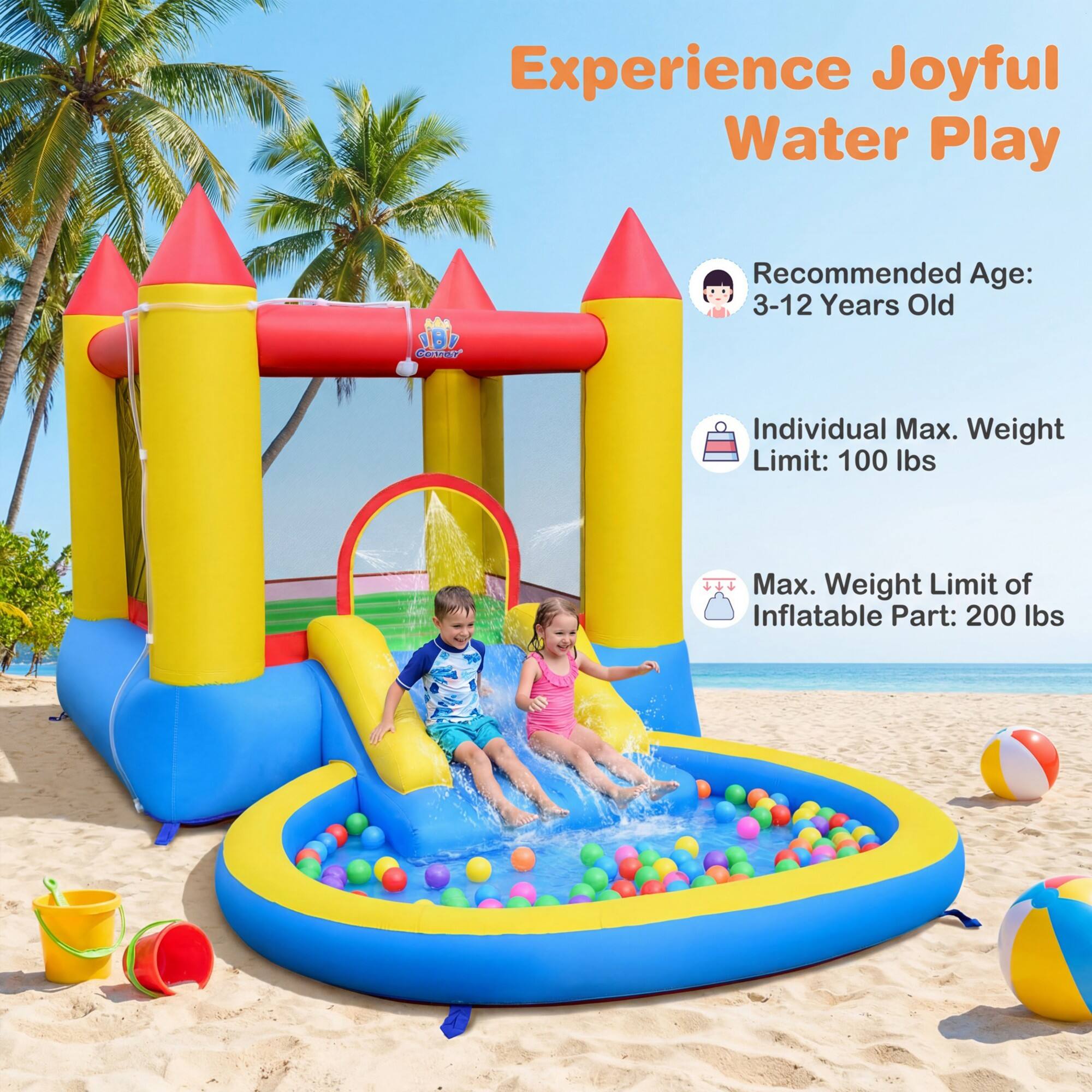 Experience Joyful Water Play

Recommended Age: 3-12 Years Old

Individual Max. Weight Limit: 100 lbs

Max. Weight Limit of Inflatable Part: 200 lbs
