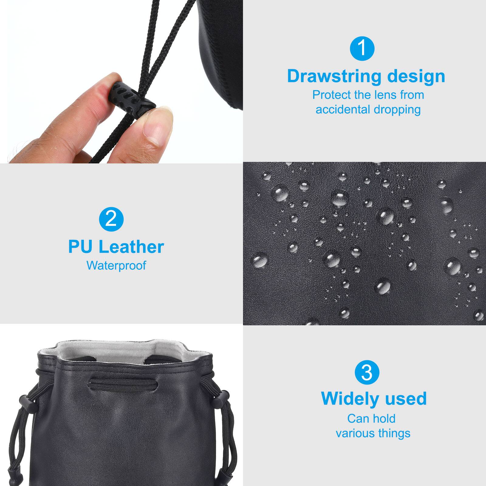 1. Drawstring design  
   Protect the lens from accidental dropping  

2. PU Leather  
   Waterproof  

3. Widely used  
   Can hold various things