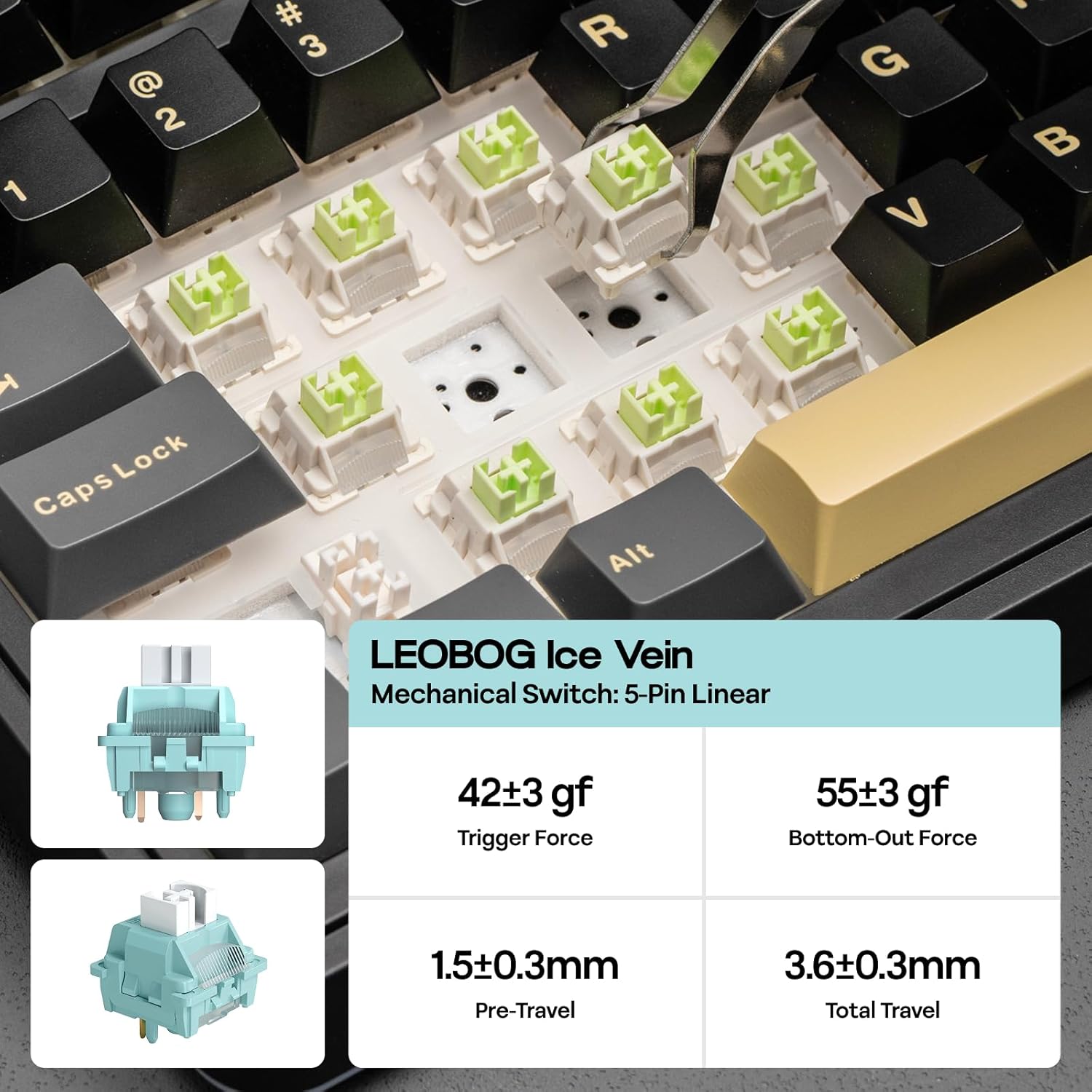 1 @ 2 # 3 R G V - A Lock Caps Alt LEOBOG Ice Vein Mechanical Switch: 5-Pin Linear  
- 42±3 gf Trigger Force  
- 55±3 gf Bottom-Out Force  
- 1.5±0.3mm Pre-Travel  
- 3.6±0.3mm Total Travel