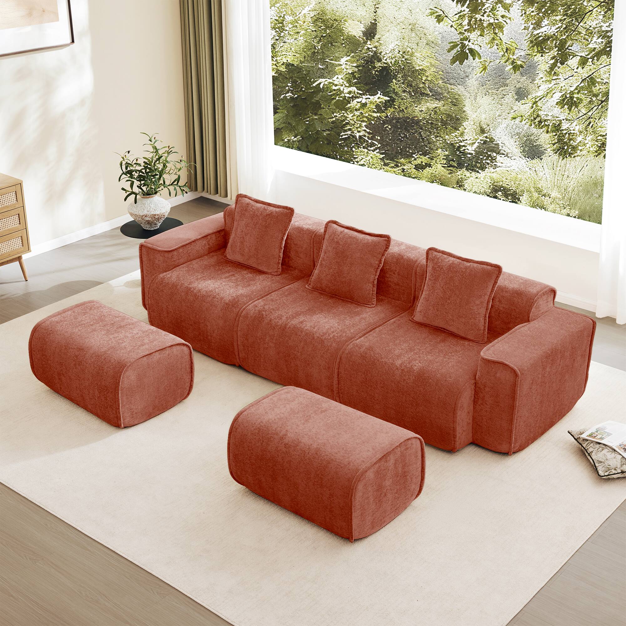Angle. Aukfa - 3-Seat U-Shape Boneless Sectional Sofa - French Edge Piping, No Assembly, Throw Pillows & 2 Ottomans, Velvet - Red.