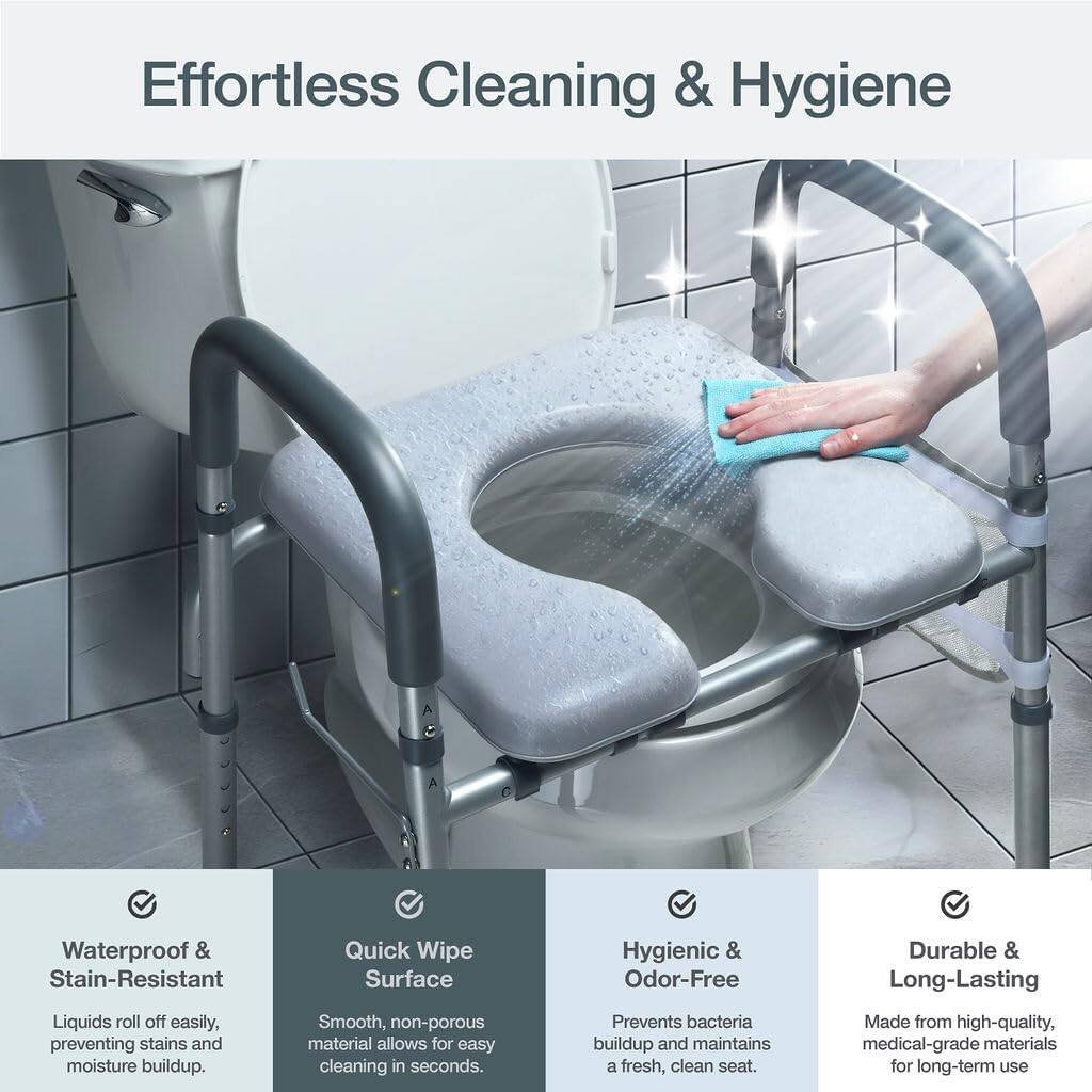 Effortless Cleaning & Hygiene

- Waterproof & Stain-Resistant
  Liquids roll off easily, preventing stains and moisture buildup.

- Quick Wipe Surface
  Smooth, non-porous material allows for easy cleaning in seconds.

- Hygienic & Odor-Free
  Prevents bacteria buildup and maintains a fresh, clean seat.

- Durable & Long-Lasting
  Made from high-quality, medical-grade materials for long-term use.