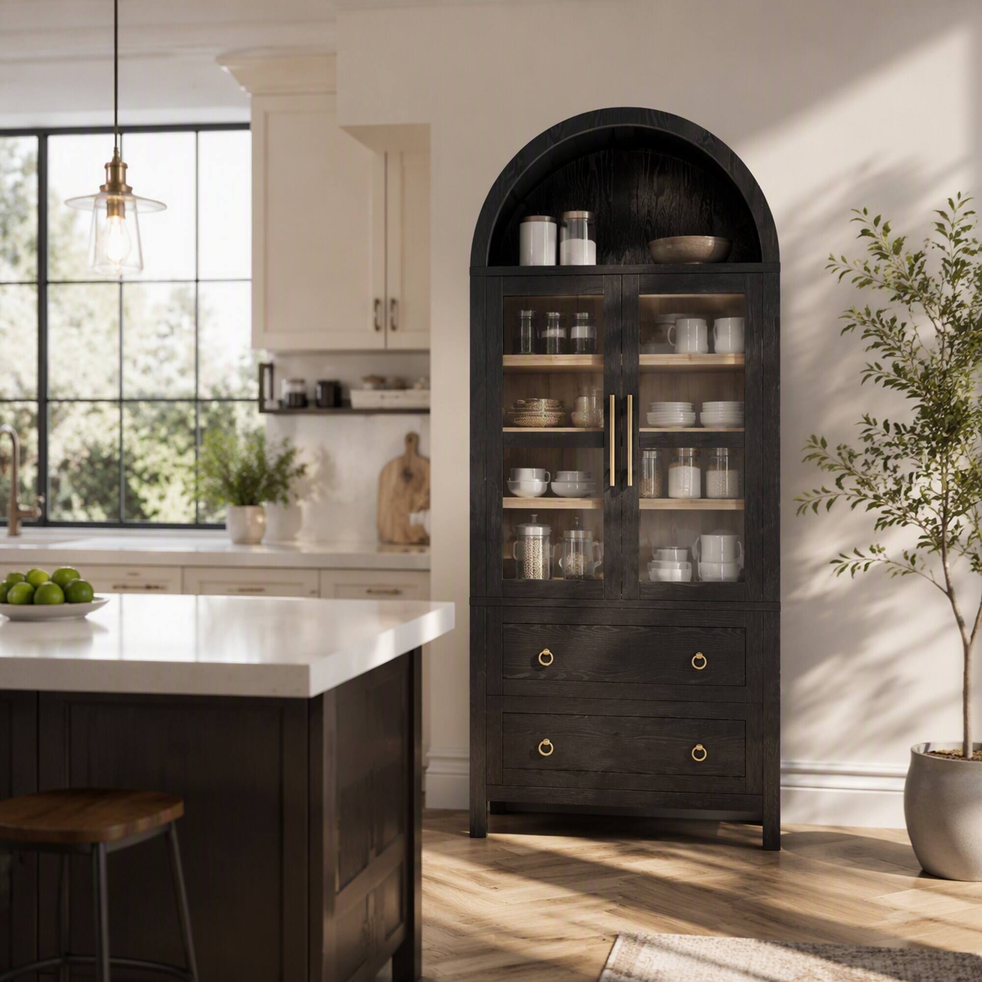 Angle. RYHNUYNE - Freestanding 71 Inch Arched Kitchen Pantry Cabinet with 2 Drawers and Adjustable Shelves, Glass Door, Black - Black.