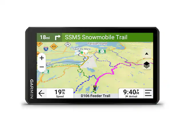 The text on the image reads: "18mi 2_47 NNE 472 75 49 + - and SSM5 Snowmobile Trail 28 Parisian Island Sault Ste Marie 173 GARMIN 17 m 19m h Speed D106 Feeder Trail P 9:40 F8 Arrival."