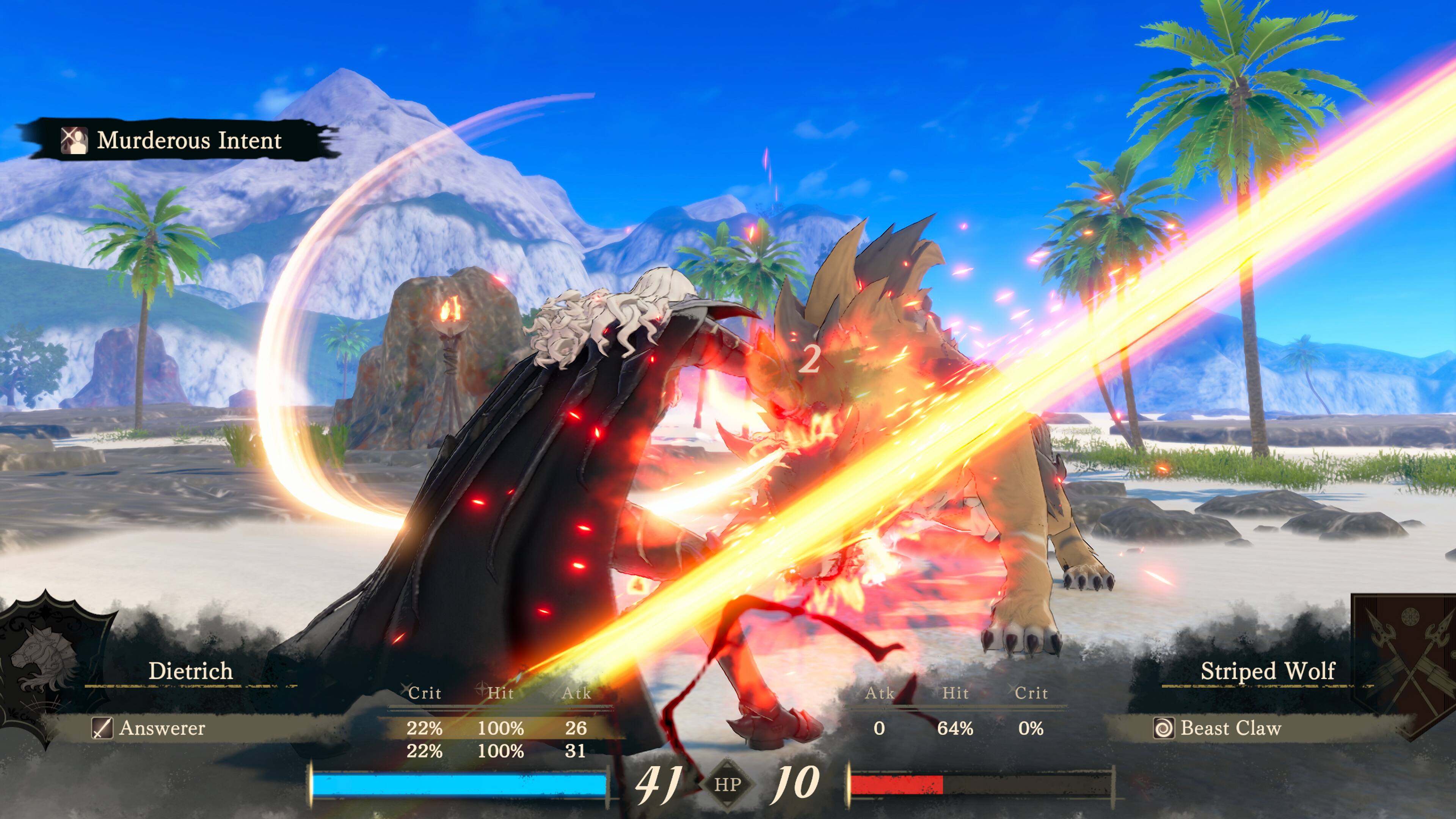 Murderous Intent  
Dietrich  
Crit: 22%  
Hit: 100%  
Atk: 26  
Answerer  
22%  
100%  
31  
41 HP  
0  
64%  
JO - 0%  
Striped Wolf  
Beast Claw