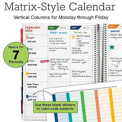Matrix-Style Calendar  
Vertical Columns for Monday through Friday  

FEBRUARY 2026  

MON  
HOLIDAY - No School  

TUES  
Staff Day - 9am  
Poetry Week  
- 5 for each student  
- Schedule  
- Multiplication REVIEW for TEST  
- Life Science planting project  

WED  
Poetry Week  
- 5 for each student  
- Schedule  
- Life Science planting project  

THU  
Poetry Week  
- 5 for each student  
- Schedule  
- Life Science planting project  

FRI  
Poetry Week  
- 5 for each student  
- Schedule  
- Life Science planting project  

Space for 7 Periods  
20-10.00  
10:05-10:45  
10:50-11:50  
11:55-12:30  
12:55-1:15  

Use these blank stickers to color-code subjects