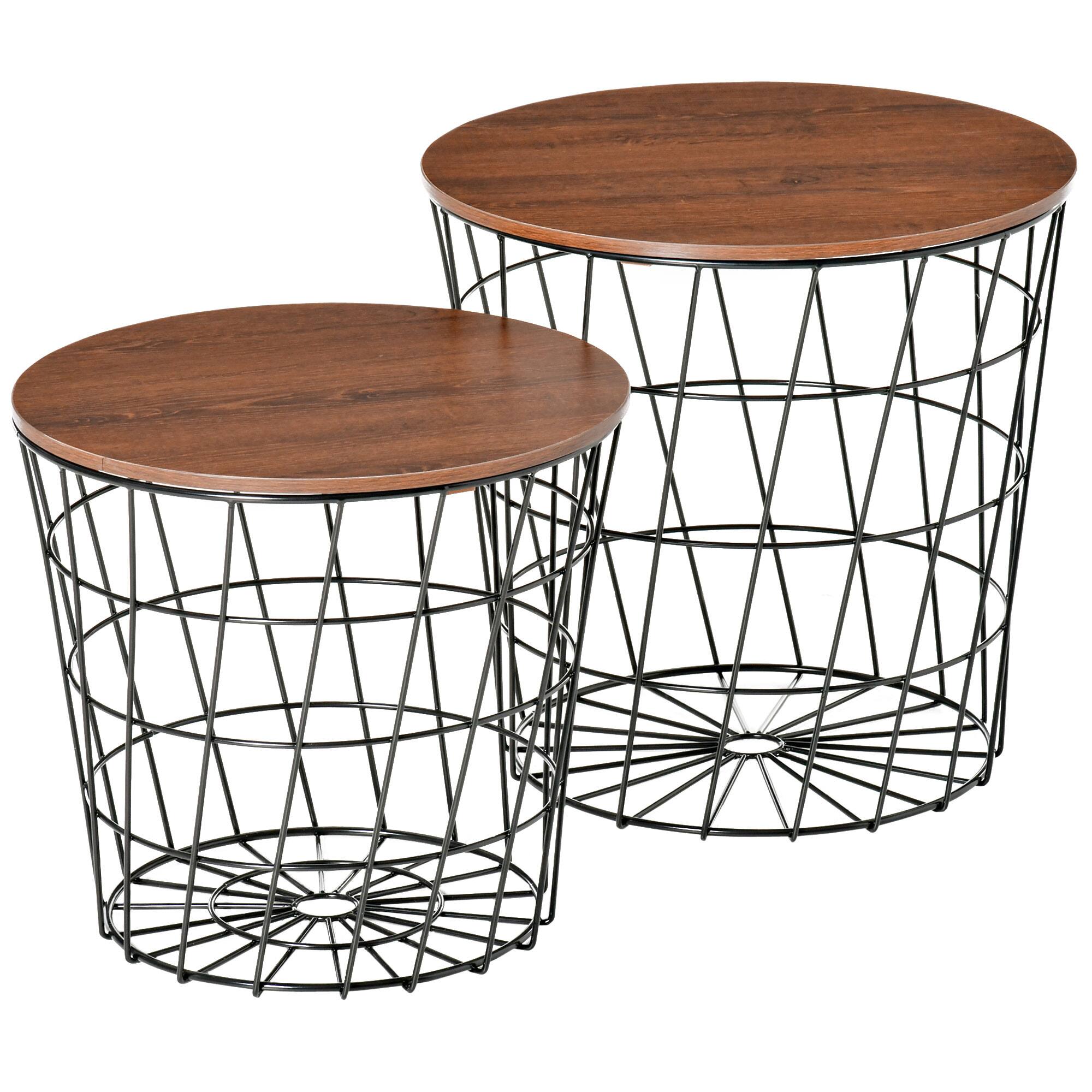 Front. Homcom - End Tables Set of 2, Nesting Tables with Storage, Round Accent Side Tables with Removable Top for Living Room, Black - Black, Rustic Brown.