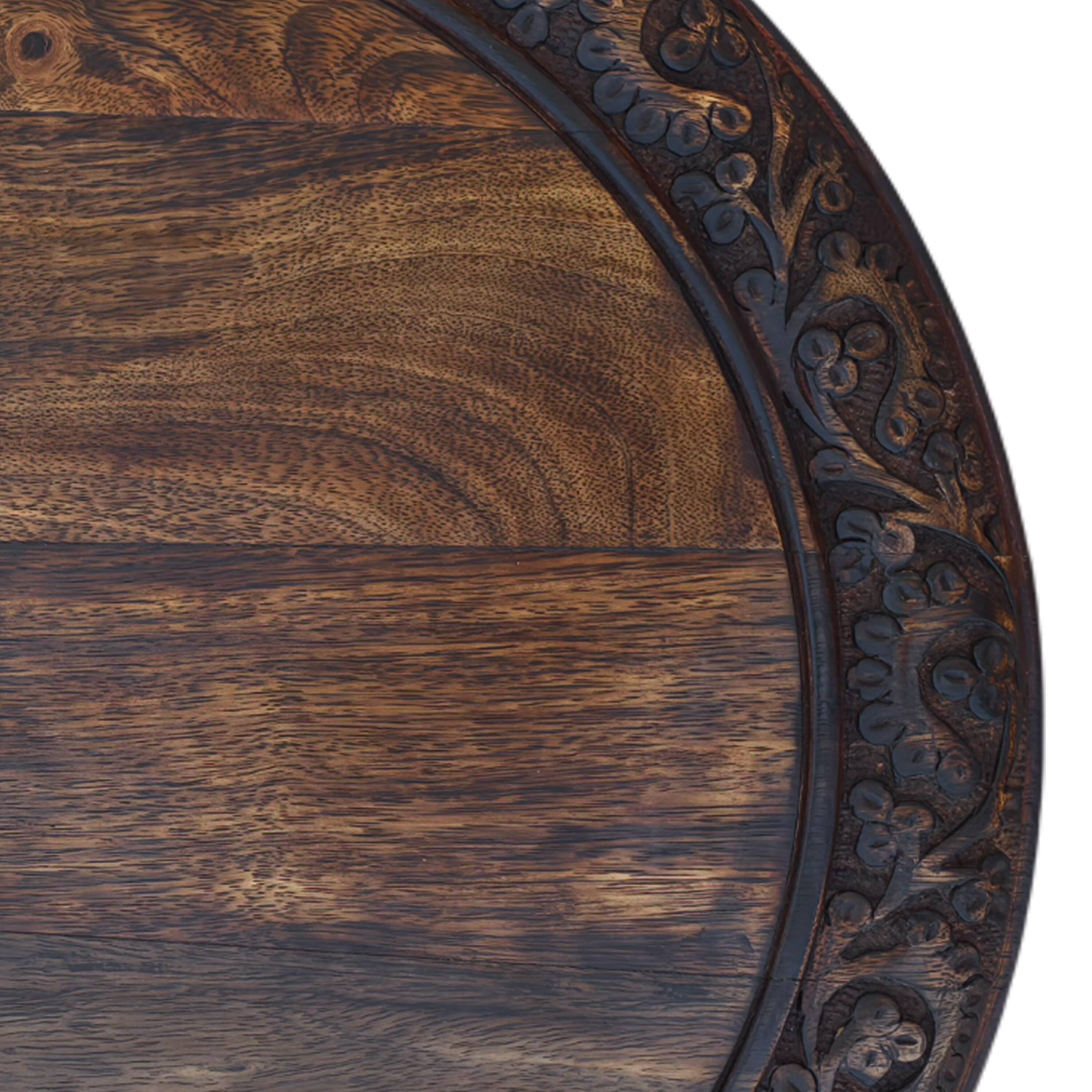 Back. Manhattan Lane - 18 Inch Mango Wood Folding Accent Table, Hand Carved - Brown.