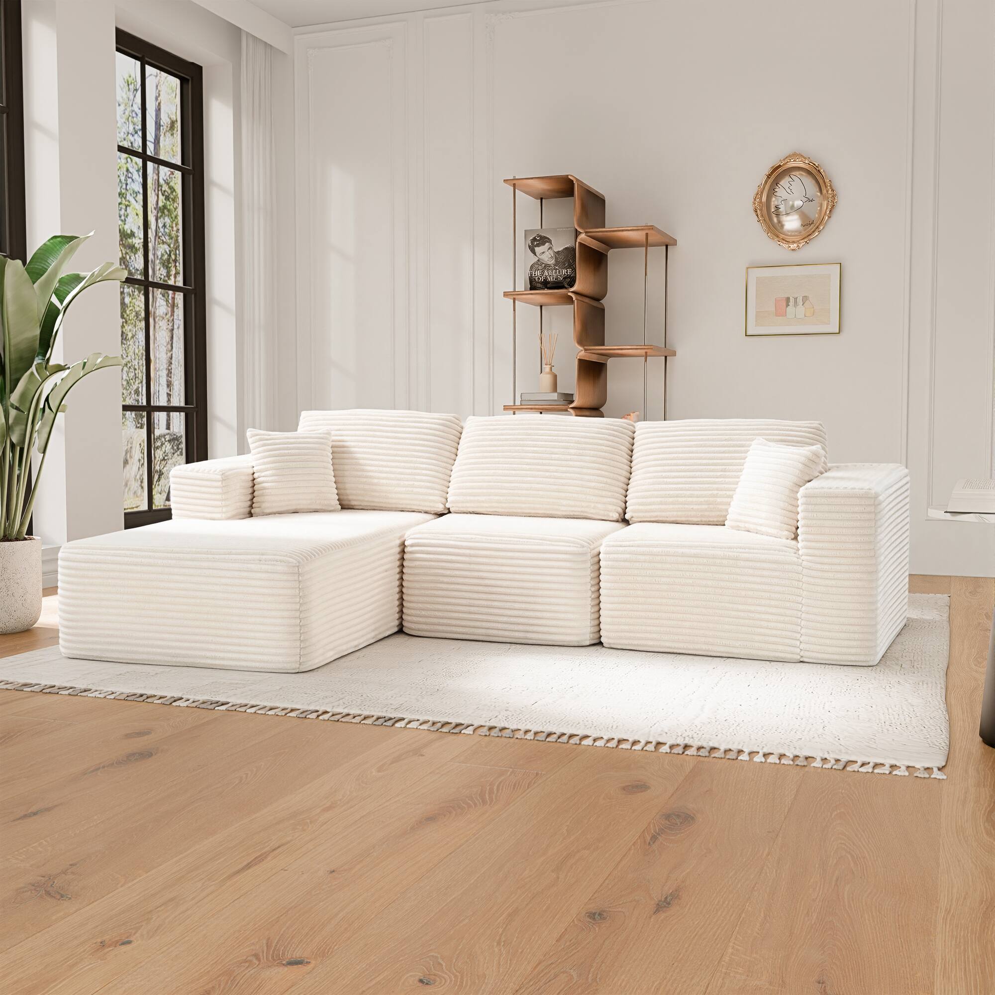 Alt View 1. PexFix - 104" Wide Ribbed Velvet L-Shaped Sectional Sofa, Modular Couch with Chaise and Comfort Foam - Beige.