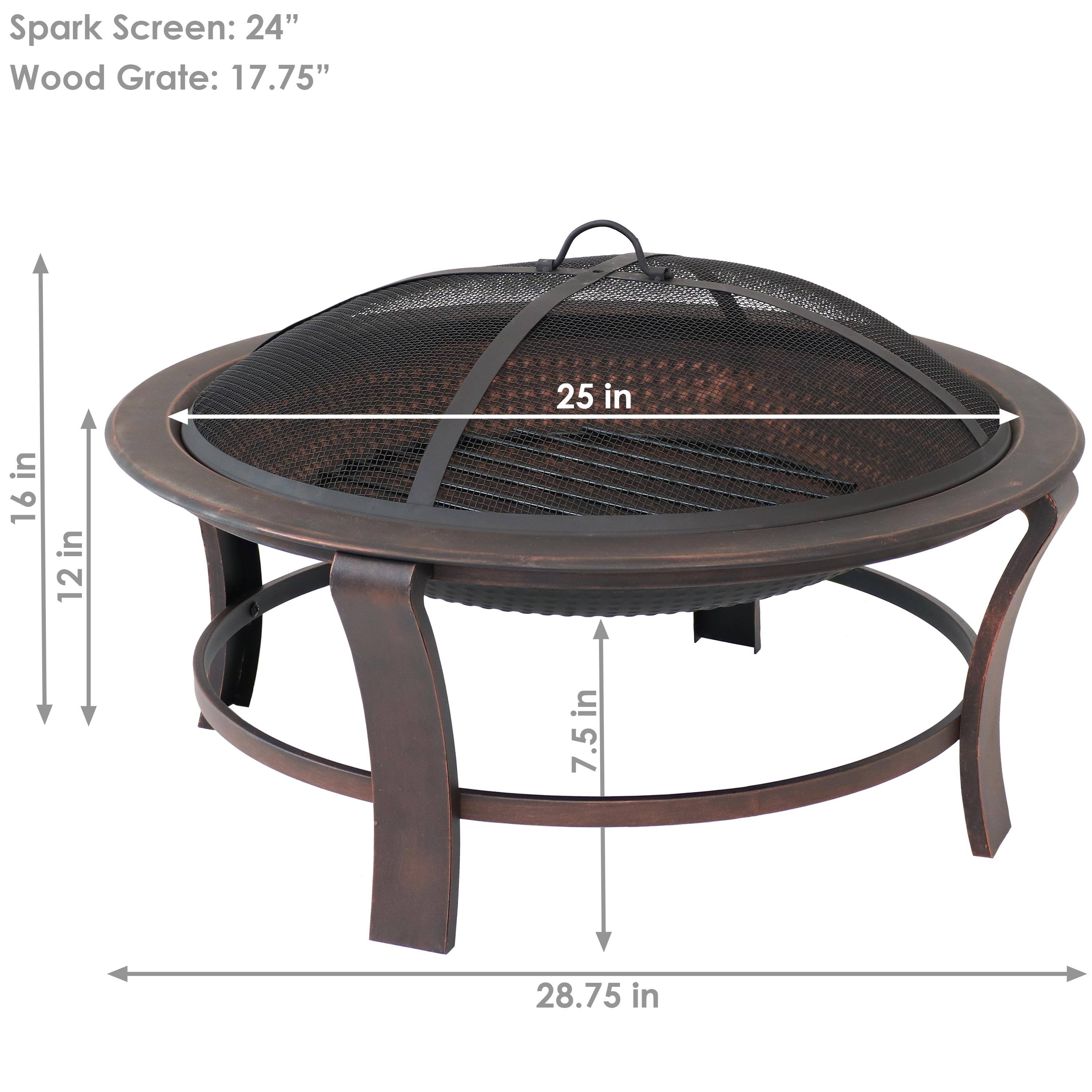 Spark Screen: 24"  
Wood Grate: 17.75"  

Dimensions:  
- Diameter: 25 in  
- Height: 16 in  
- Width: 28.75 in  
- Depth: 12 in  
- Thickness: 7.5 in