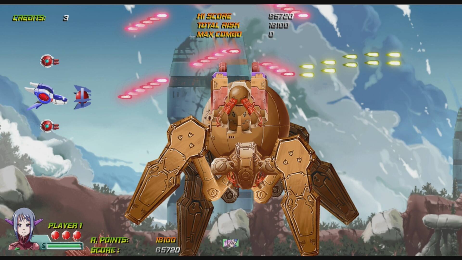 CREDITS: 3

HI SCORE TOTAL RISK MAX COMBO

PLAYER 1
A. POINTS: 16100
SCORE: 85720

85720
16100