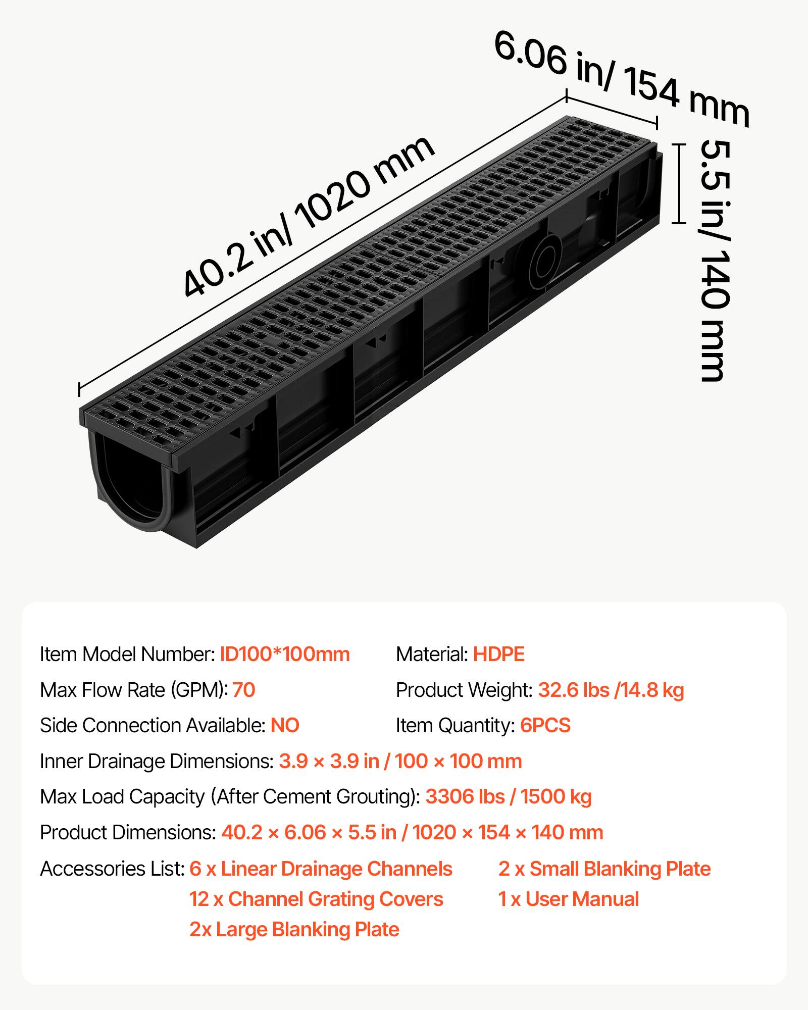 mm 1020 in/ 40.2 6.06 in/ 154 mm I 5.5 in/ 140 mm

Item Model Number: D100*100mm  
Material: HDPE  
Max Flow Rate (GPM): 70  
Product Weight: 32.6 lbs /14.8 kg  
Side Connection Available: NO  
Item Quantity: 6PCS  
Inner Drainage Dimensions: 3.9 x 3.9 in I 100 x 100 mm  
Max Load Capacity (After Cement Grouting): 3306 lbs / 1500 kg  
Product Dimensions: 40.2 x 6.06 x 5.5 I 1020 x 154 x 140 mm  

Accessories List:  
6 x Linear Drainage Channels  
2 x Small Blanking Plate  
12 x Channel Grating Covers  
1 x User Manual  
2 x Large Blanking Plate