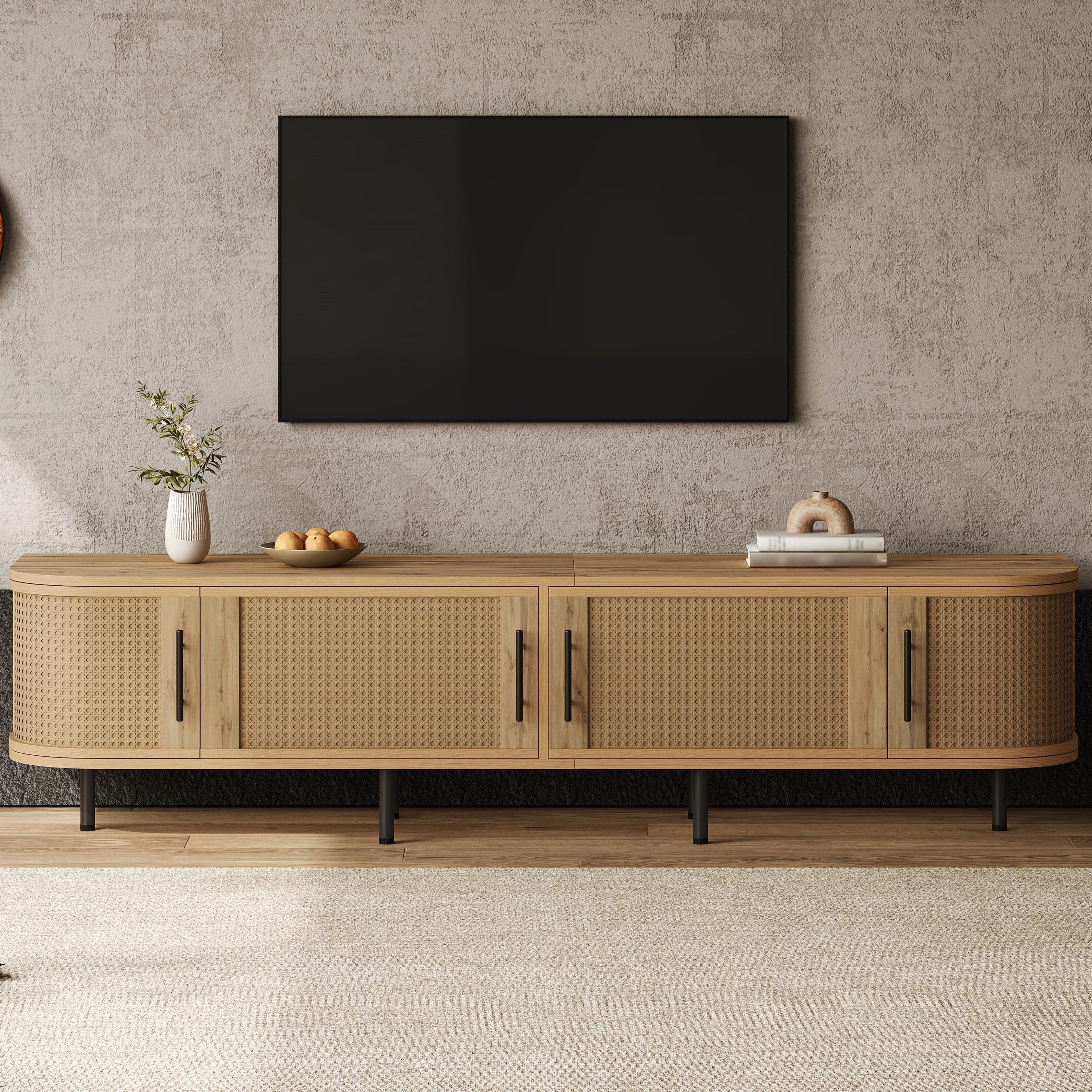 Front. MERAVOM - TV Stand for up to 80" TVs, Entertainment Center with 4 Doors, Modern Media Console with Storage Cabinet for Living Room - Natural.