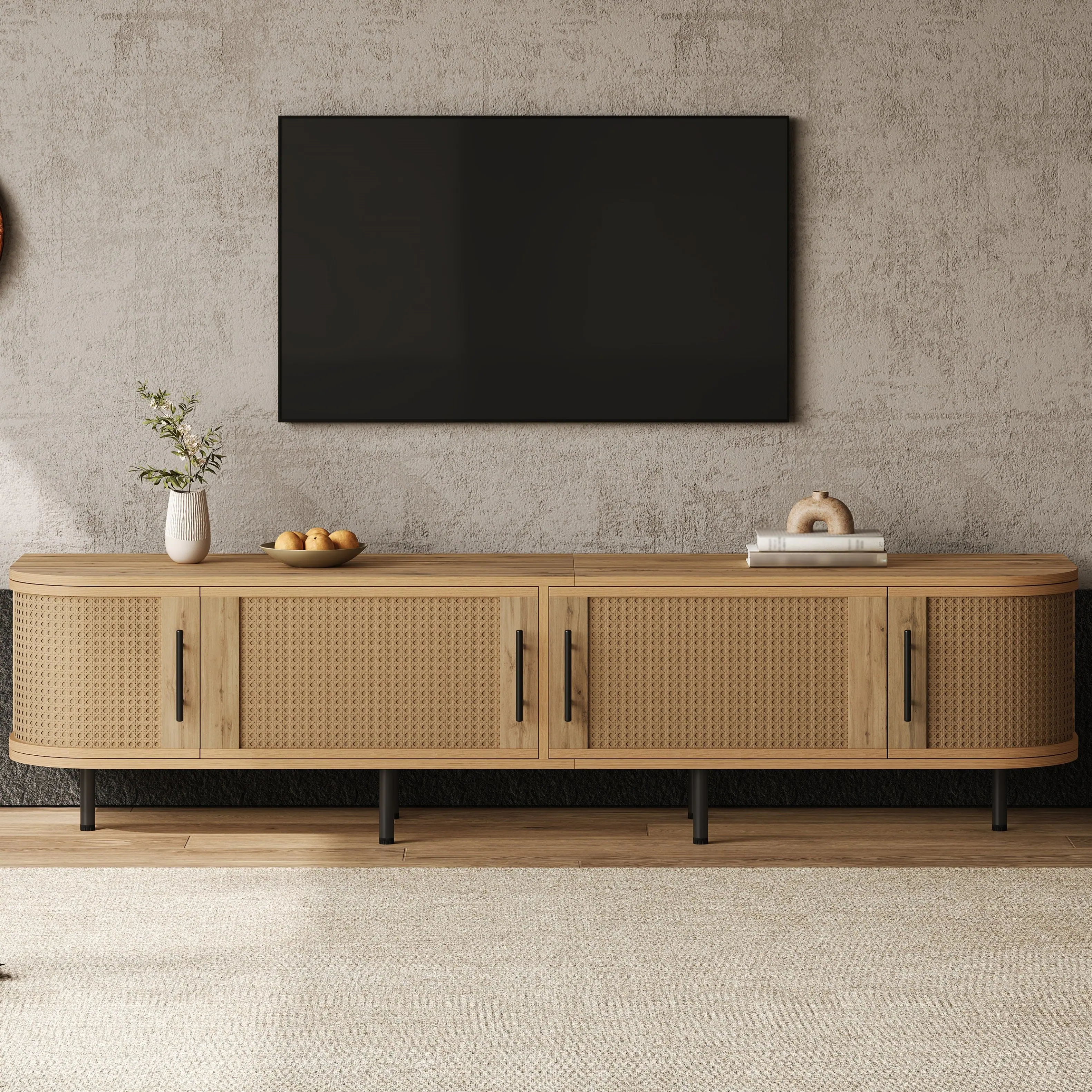 Front. MERAVOM - TV Stand for up to 80" TVs, Entertainment Center with 4 Doors, Modern Media Console with Storage Cabinet for Living Room - Natural.