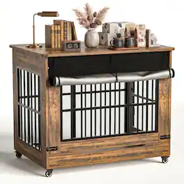 Anysun - 42" Wooden Dog Crate Furniture, Double Door Indoor Kennel, Decorative Pet Cage End Table w/ Wheels, for Large Dogs