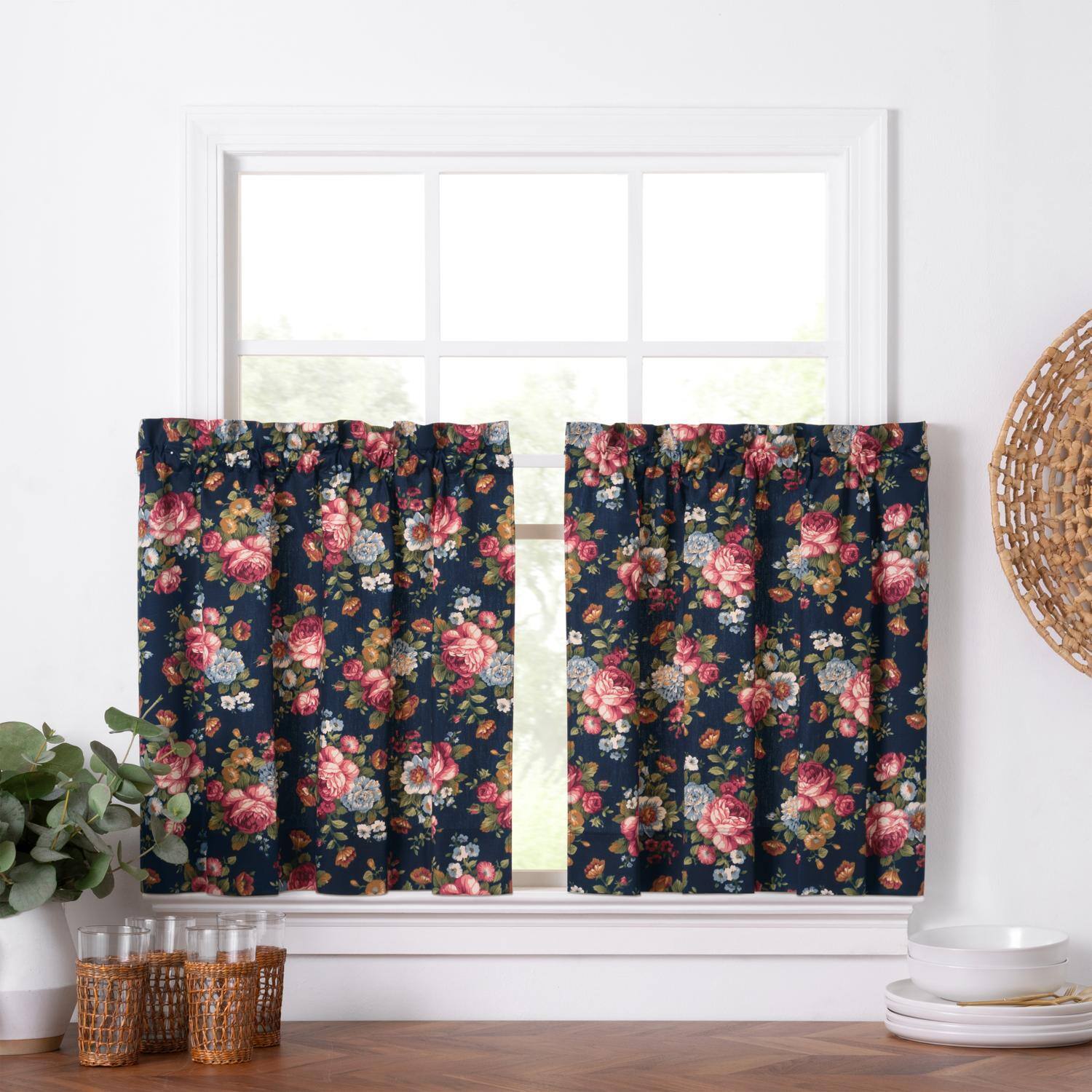 Angle. Ellis Curtain - Ellis Bella Rose Stylish Medium Scale Printed Floral Pattern 1.5" Rod Pocket Tier for Windows 56"x24" Navy - Navy.