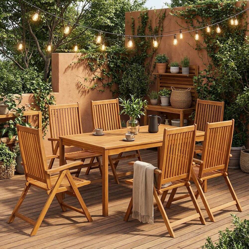Alt View 3. Outdoor Escape - Wooden Patio Set Oil-Finish Dining Table with Outdoor 6 Chairs - Brown.