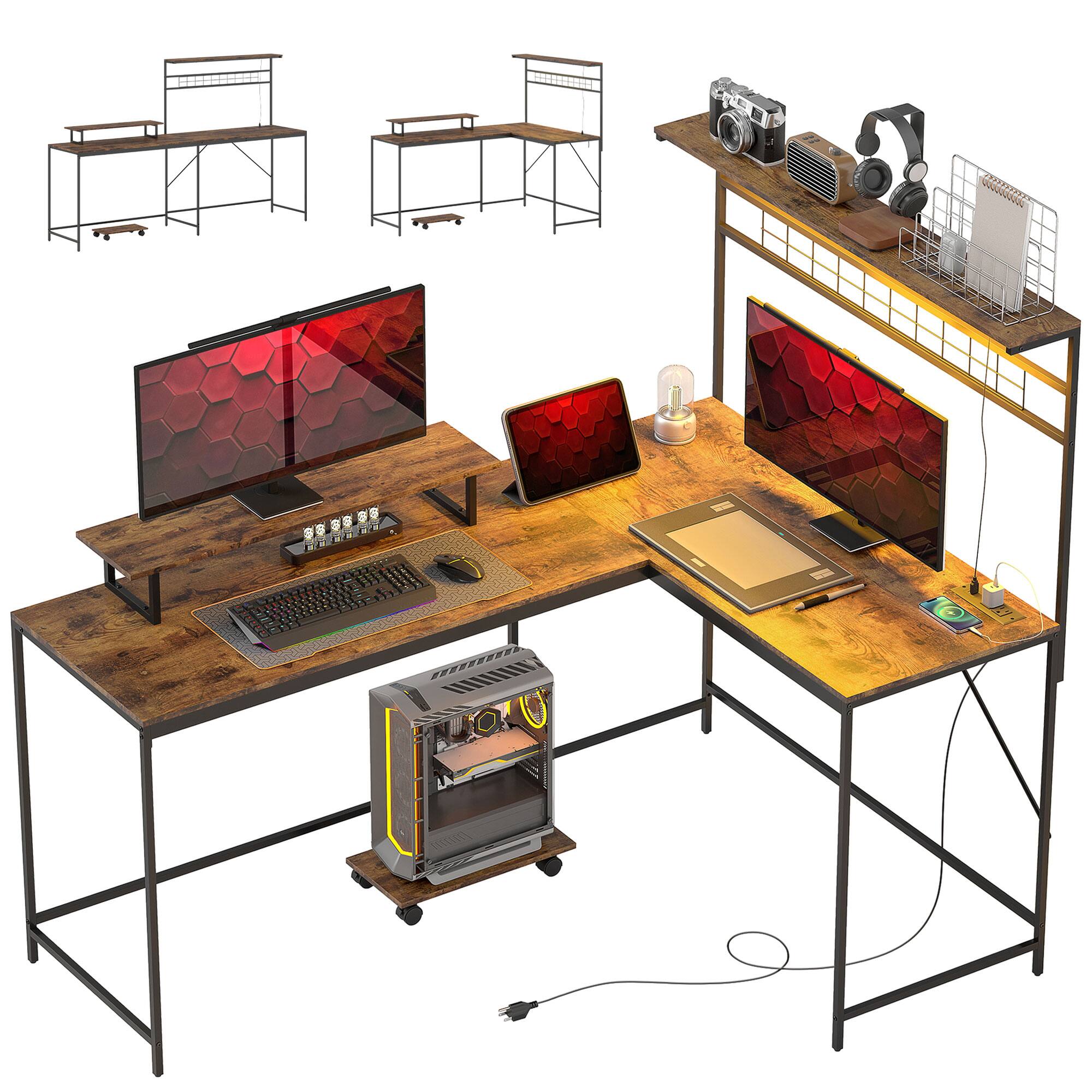 Homcom - 61.6" L Shaped Desk with Power Outlets & LED Lights, Industrial Convertible Corner Computer Gaming Desk - Rustic Brown
