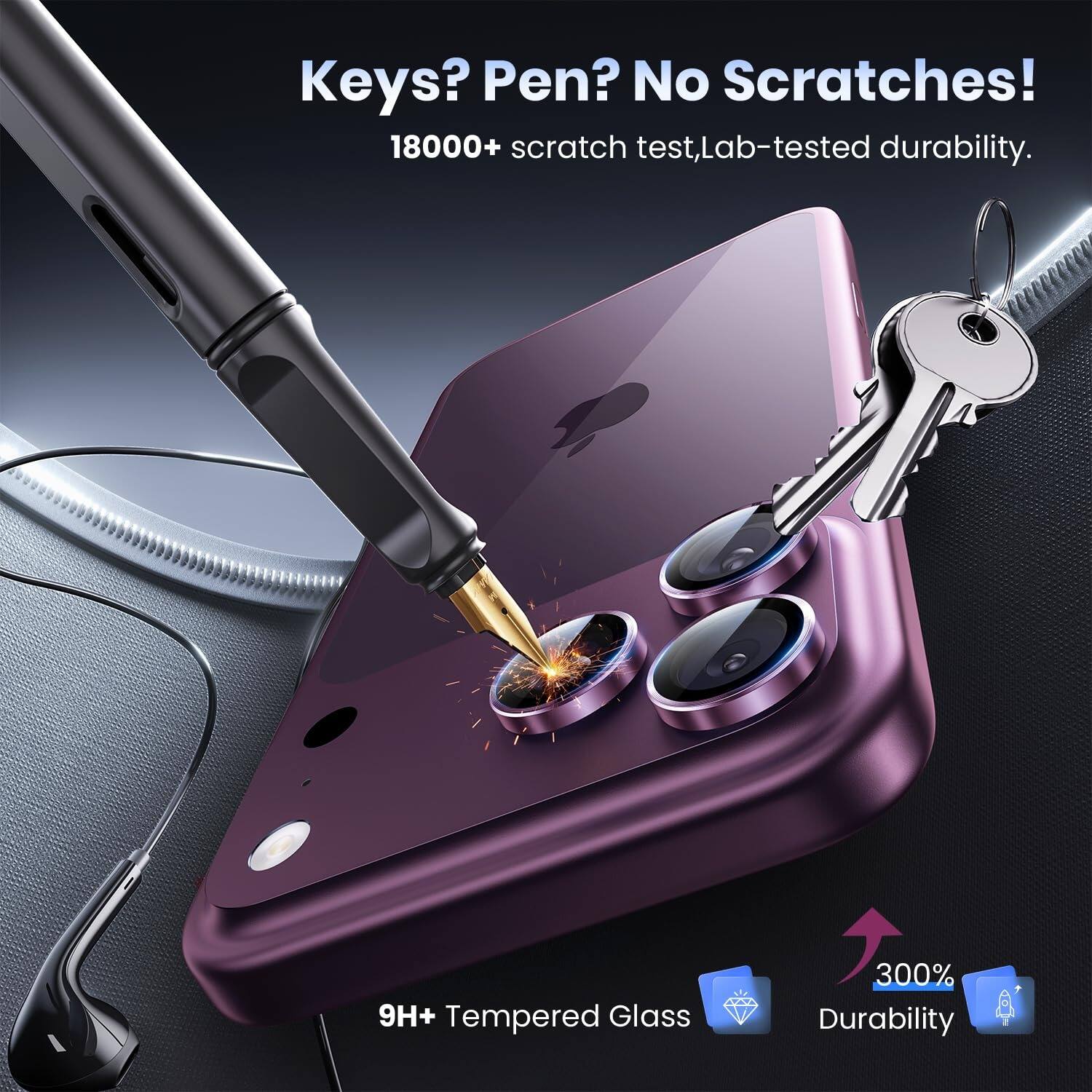 Keys? Pen? No Scratches!  
18000+ scratch test, Lab-tested durability.  
9H+ Tempered Glass  
300% Durability
