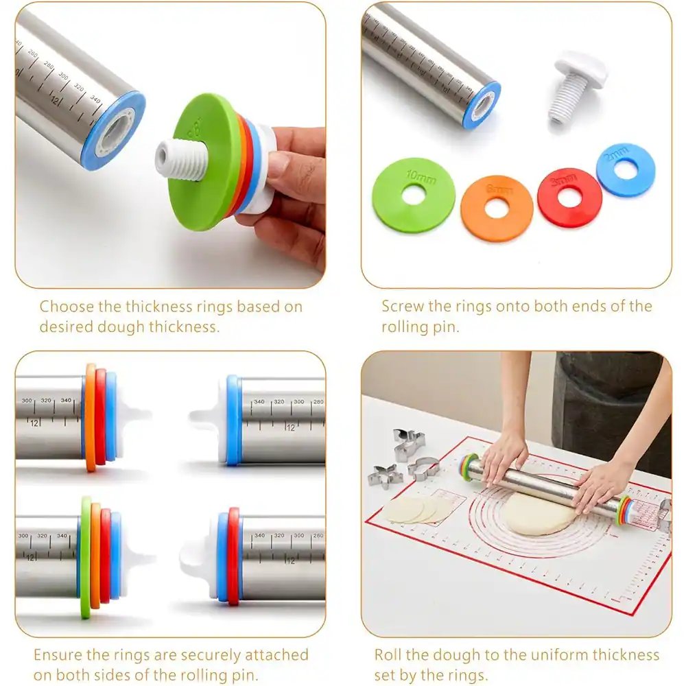 1. Choose the thickness rings based on desired dough thickness.

2. Screw the rings onto both ends of the rolling pin.

3. Ensure the rings are securely attached on both sides of the rolling pin.

4. Roll the dough to the uniform thickness set by the rings.