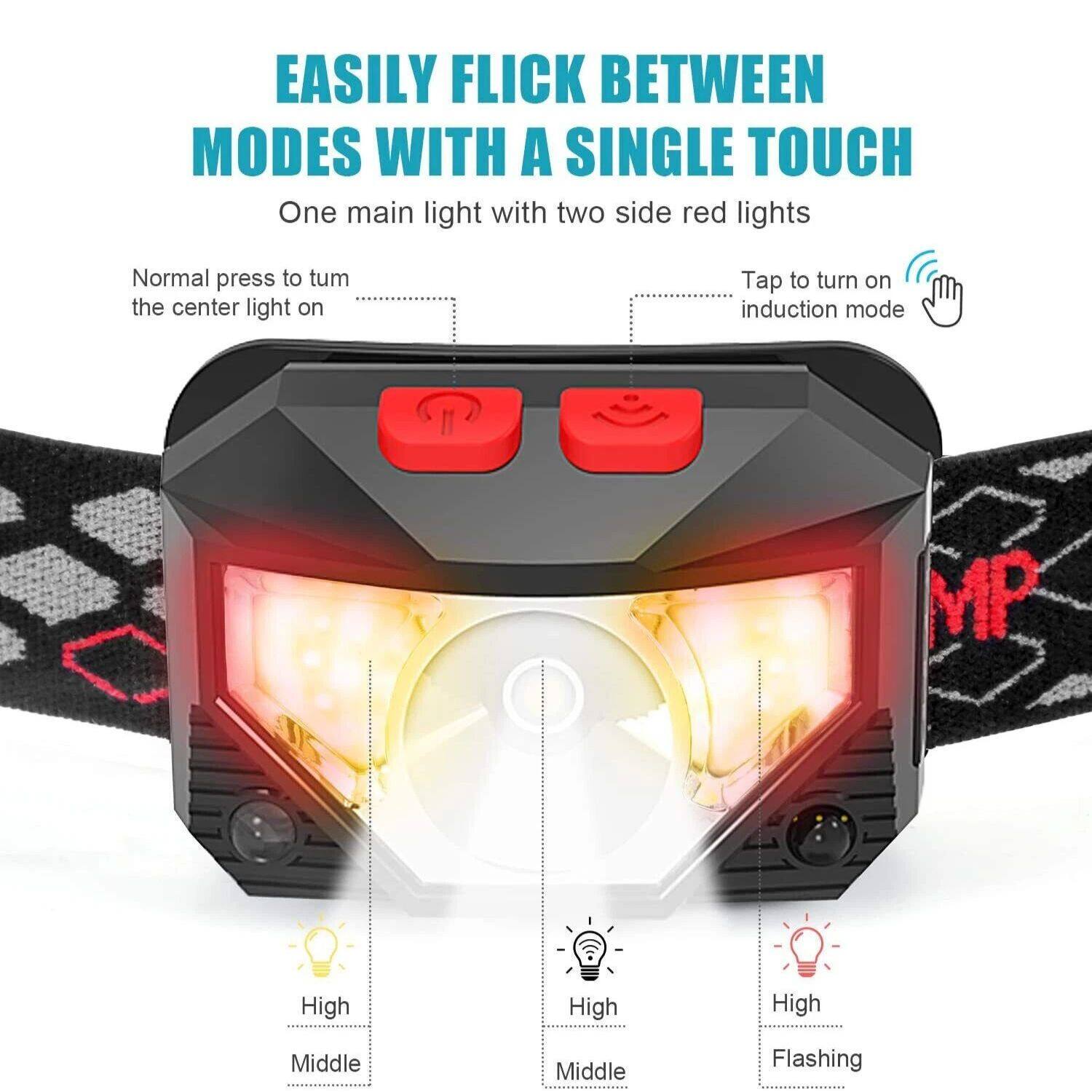 EASILY FLICK BETWEEN MODES WITH A SINGLE TOUCH

One main light with two side red lights

Normal press to turn the center light on

Tap to turn on induction mode

High Middle

High Middle

High Flashing