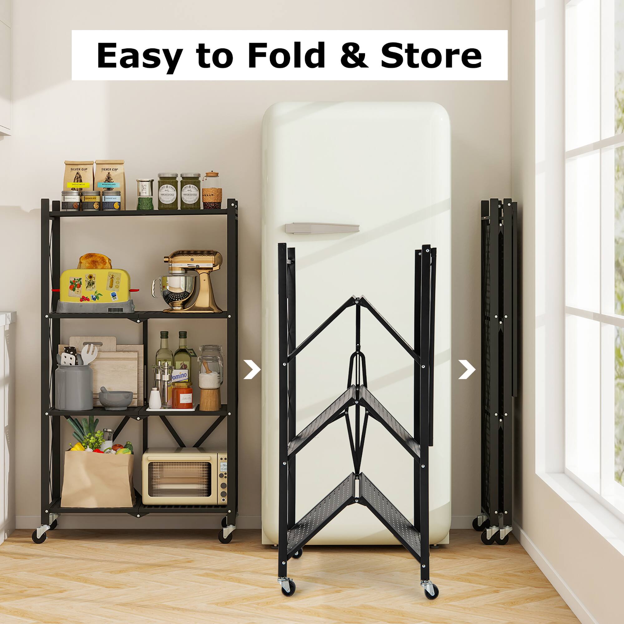 Alt View 4. Gymax - Gymax 4-tier Foldable Storage Shelving Unit w/4 Universal Wheels for Kitchen Study - Black.