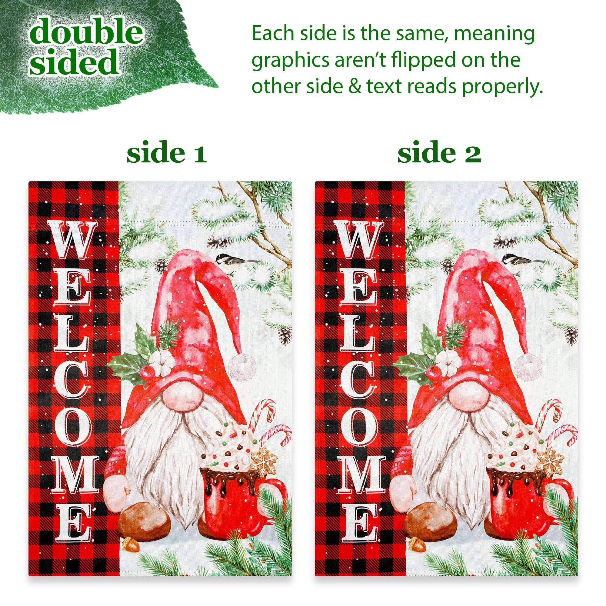 double sided

side 1 WELCOME

Each side is the same, meaning graphics aren't flipped on the other side & text reads properly.

side 2 WELCOME