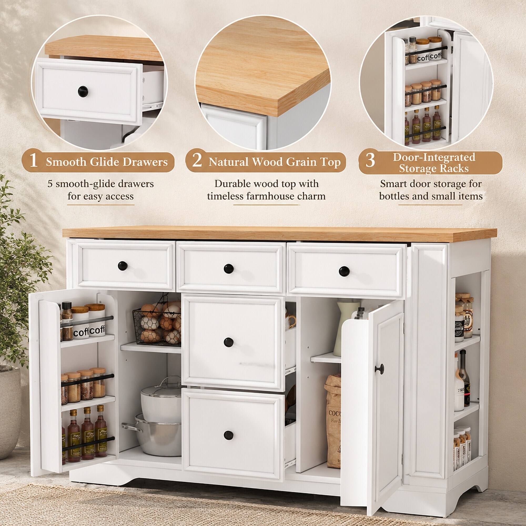 RYHNUYNE Freestanding Sideboard Buffet Cabinet with 5 Drawers and ...