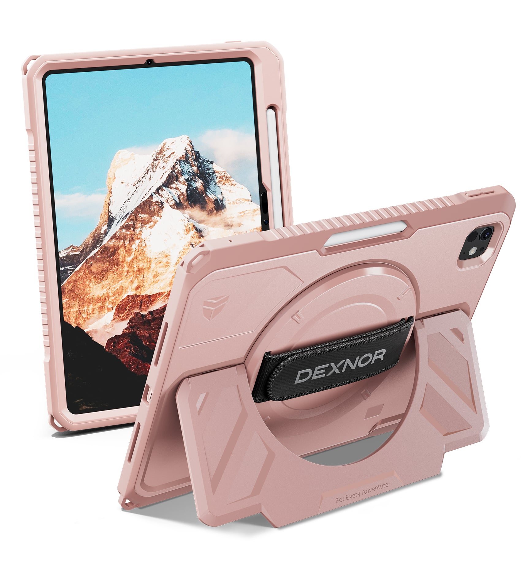 Dexnor - for Apple iPad Pro M4 11inch 2024 / for iPad M5 11'' 2025 with 360° Rotating Hand Strap, Screen Protector and Kickstand - Peony Pink