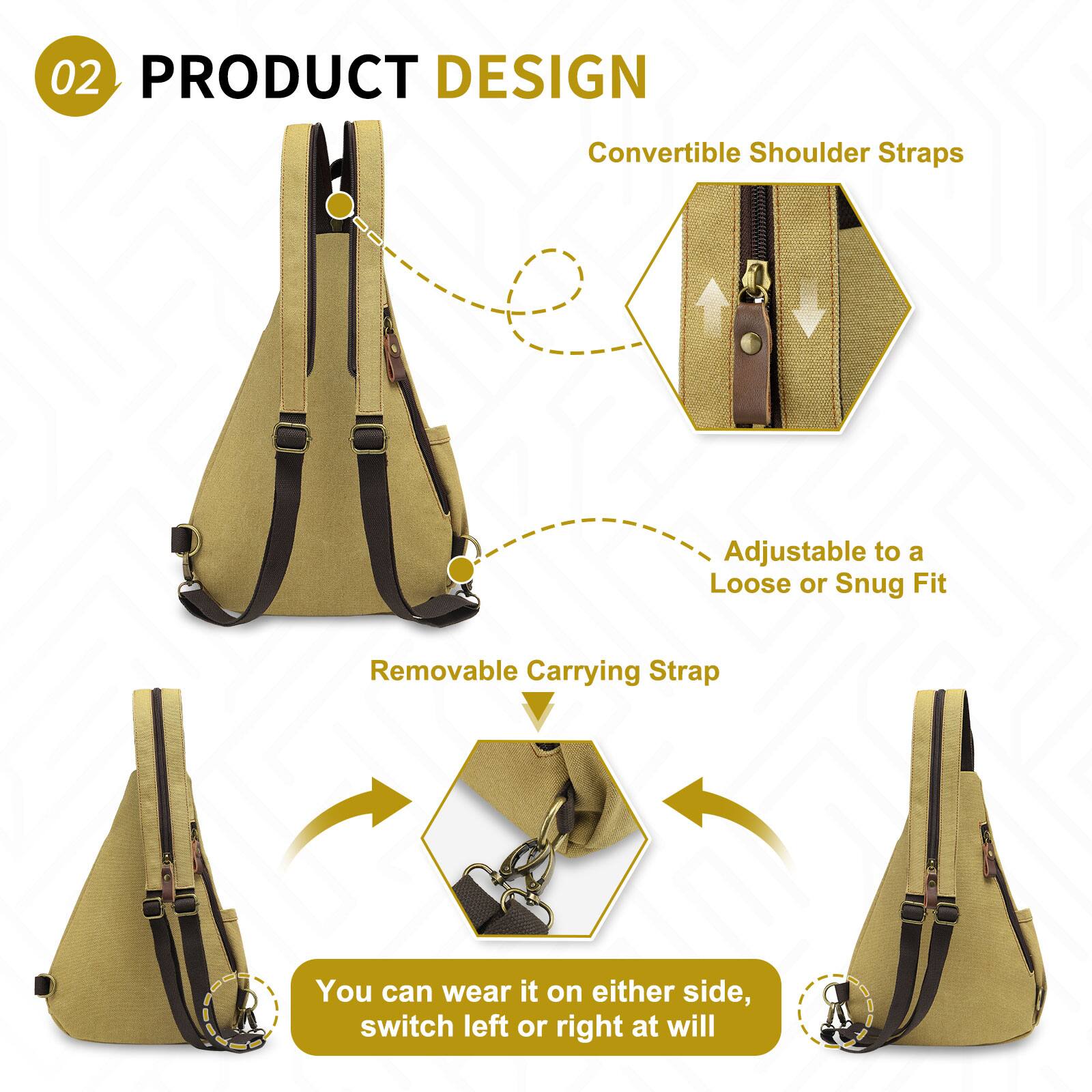 02 PRODUCT DESIGN

Convertible Shoulder Straps  
- Adjustable to a Loose or Snug Fit

Removable Carrying Strap  
You can wear it on either side, switch left or right at will
