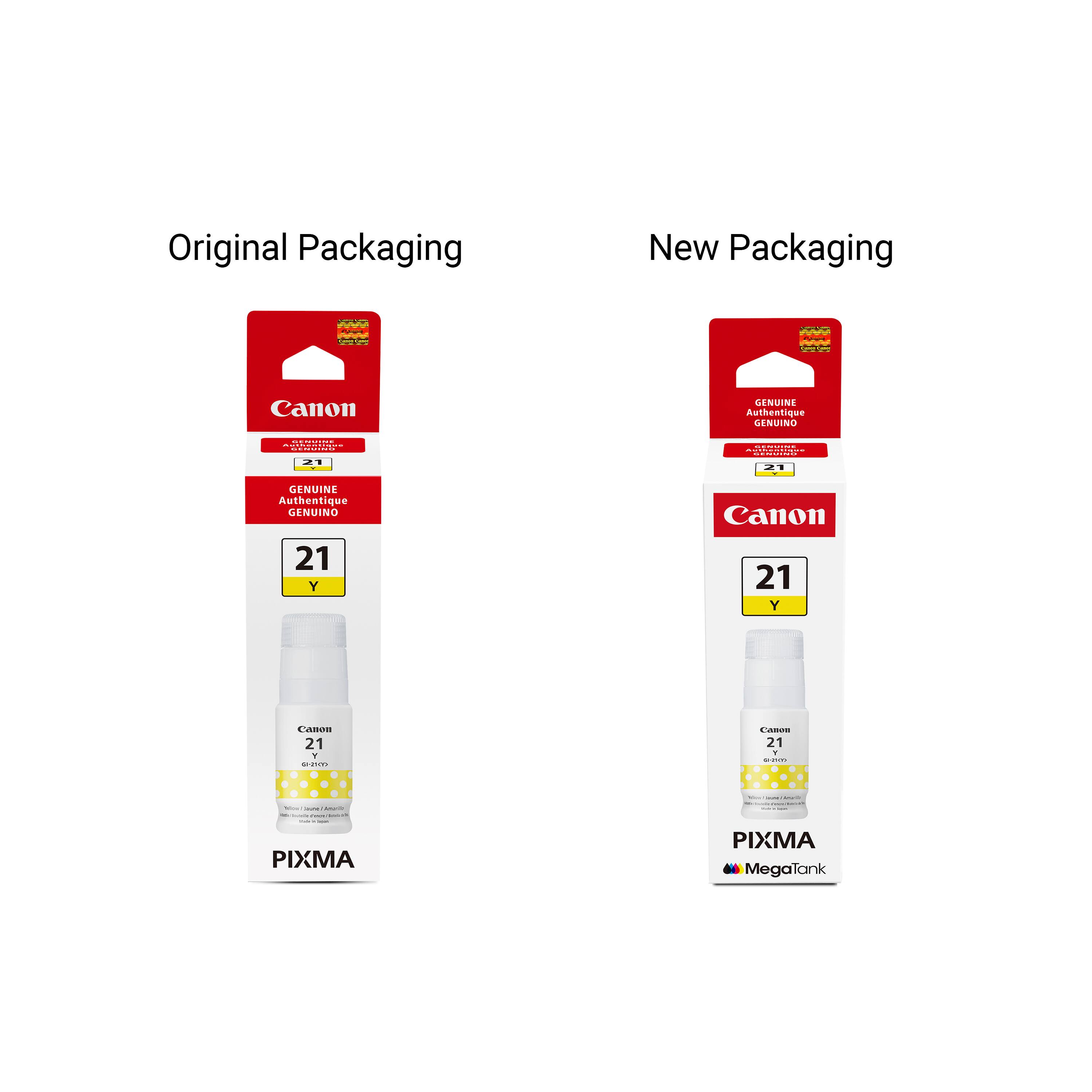 Original Packaging  
New Packaging  

Canon  
21 Y  
GENUINE Authentique GENUINO  
PIXMA  

Canon  
21 Y  
GENUINE Authentique GENUINO  
PIXMA MegaTank