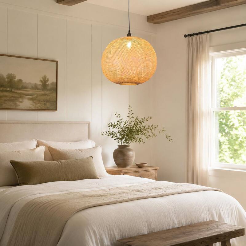Back. RYHNUYNE - Boho Round Rattan Pendant Ceiling Light, Hand-Woven Natural Bamboo Hanging Lamp for Dining Living Room - Beige.