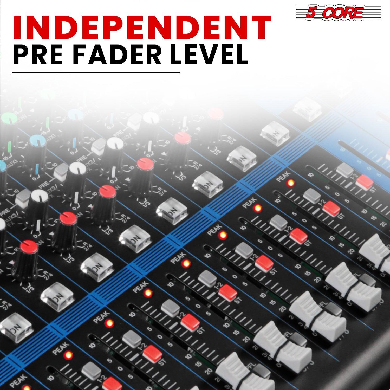 5 CORE  
INDEPENDENT PRE FADER LEVEL  

UXI PRE -10 LO 3S 15 PRE AUXI 10 2/  
e LO PEAK 10 1-2 5  
N PRE UX2/ N - ST 10  
O PEAK 10 1-2 t Lo 1/3 PRE N NO t 10 AUX2/  
ST 15 O FX 10 i 20  
PEAK 2 ON 5 10 AN  
ST 15 O 10 5 20 3S PEAK 1-2 2: DN 10  
J 5 ST 0 15 FL O 5 20 PEAK 10 12 21 1/3  
3 DN 5 10 ST 15 FL O 20 10 1-2 $ PEAK 2 3 ON 5 10  
ST 15 FL O 20 10 1-2 5 & PEAK 10 5 ST 15 FL o O 20 10 1-2 5  
2! PEAK a