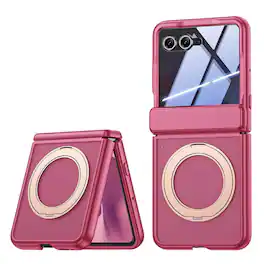 Dteck - Rugged Ring Stand Hinge Protection Frosted Magnetic Case Built-in Screen Protector For Motorola Razr+ 2026/2025/2024 - Red(Privacy Film)