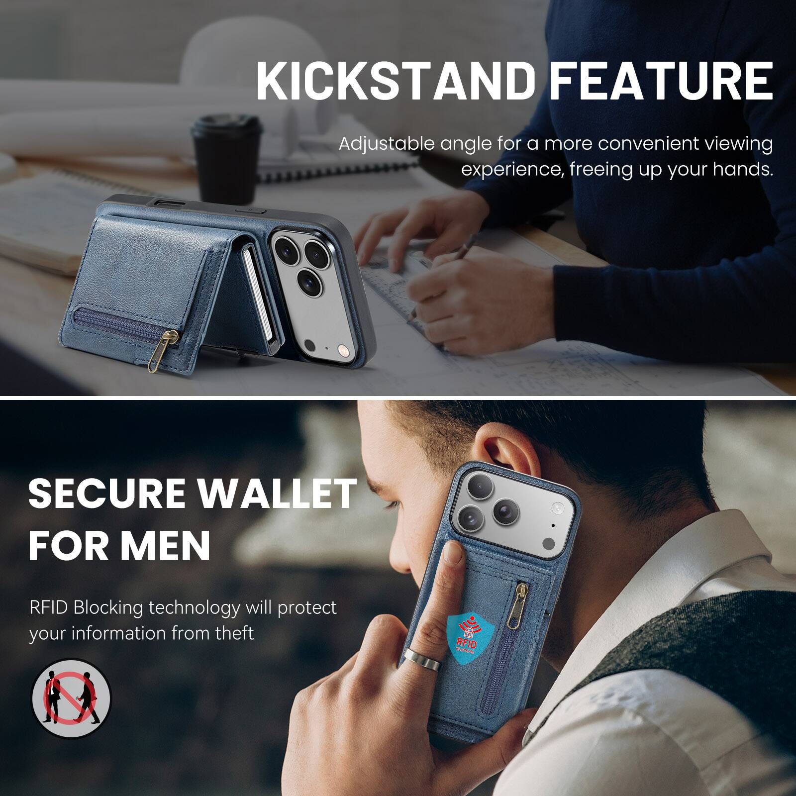 KICKSTAND FEATURE  
Adjustable angle for a more convenient viewing experience, freeing up your hands.  

SECURE WALLET FOR MEN  
RFID Blocking technology will protect your information from theft