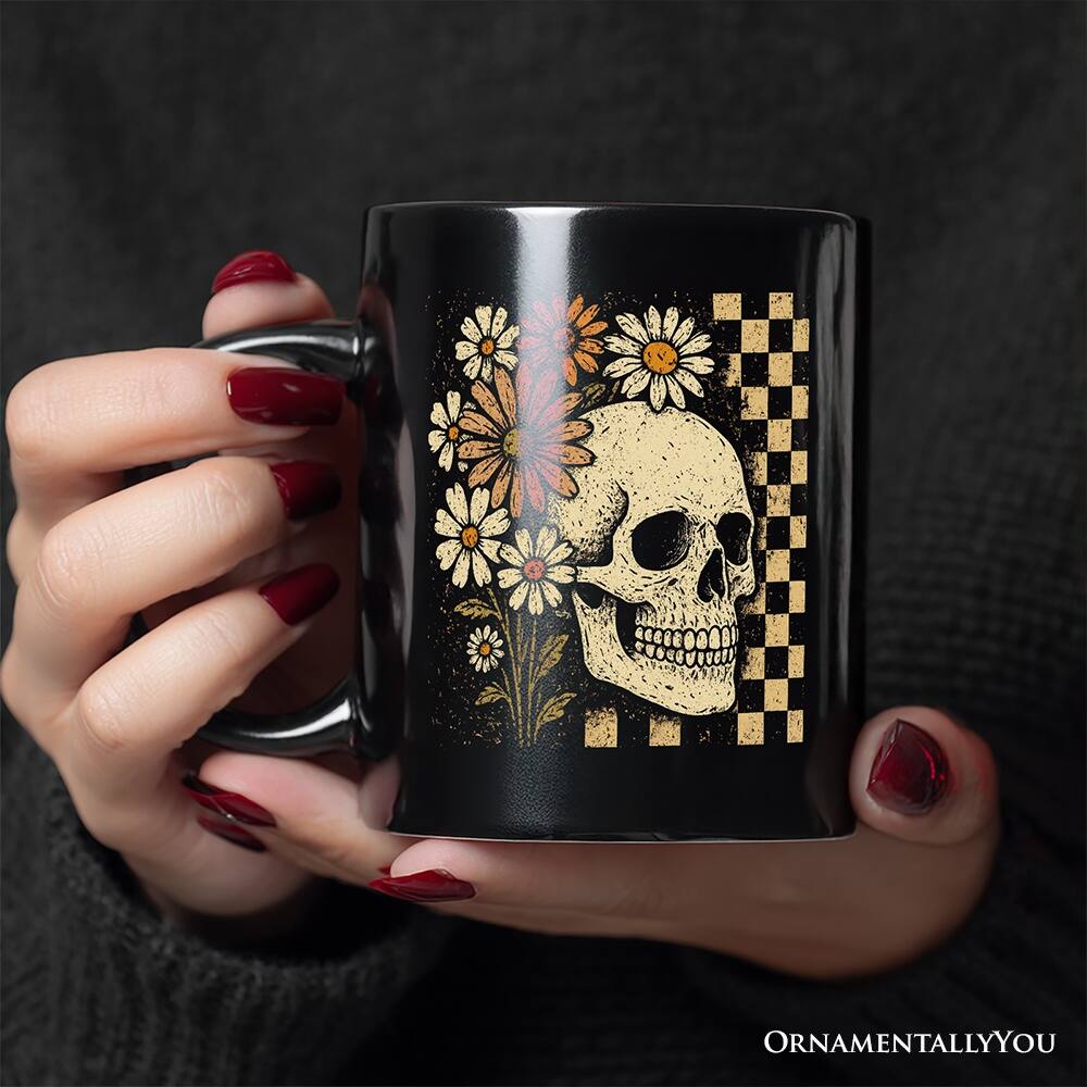 Left. OrnamentallyYou - Checkered Floral Skeleton Mug, Vintage Skull Daisy Halloween Gift - Black.