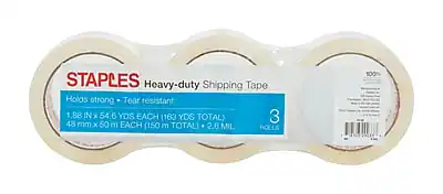 STAPLES Heavy-duty Shipping Tape
Holds strong • Tear resistant
1.88 IN x 54.6 YDS EACH (163 YDS TOTAL)
48 mm x 50 m EACH (150 m TOTAL)
2.8 MIL
3 ROLLS
100%