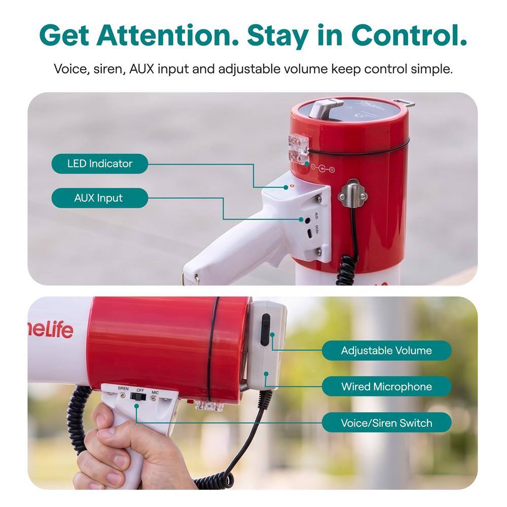 SereneLife 50W Rechargeable Megaphone Speaker with Siren, Music Mode ...