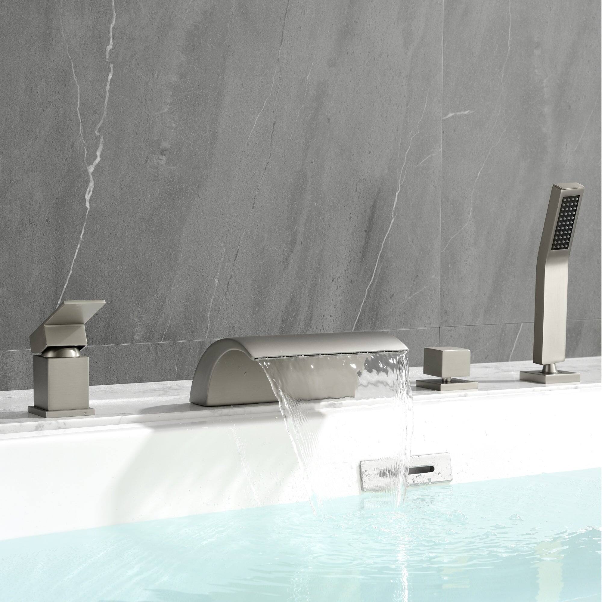 Front. Boyel Living - Curved Waterfall Bath Tub Faucet with Hand Shower Hot and Cold Single Handle SUS304 Anti Fingerprint - Brushed Nickel.