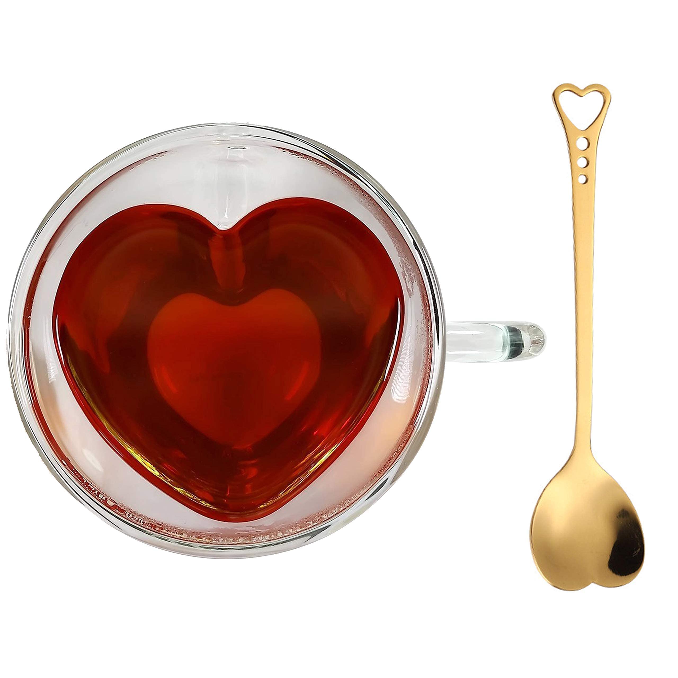 Fabibe - Heart Shaped Cup - Double Walled Insulated Glass Coffee Mug Or Tea Wall 10oz (300ml) Clear & With Handle Teaspoon [CU - Transparent-240.0 Milliliters