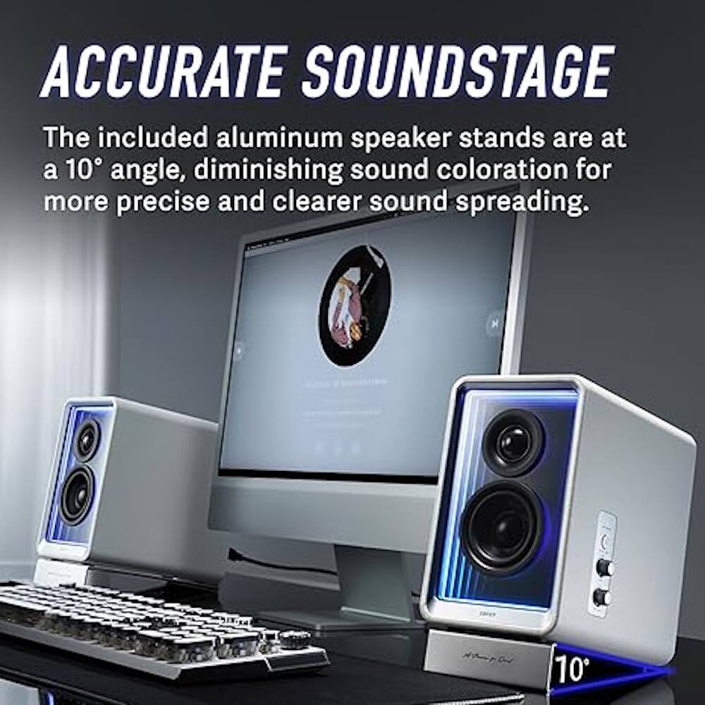 The included aluminum speaker stands are at a 10-degree angle, diminishing sound coloration for more precise and clearer sound spreading.