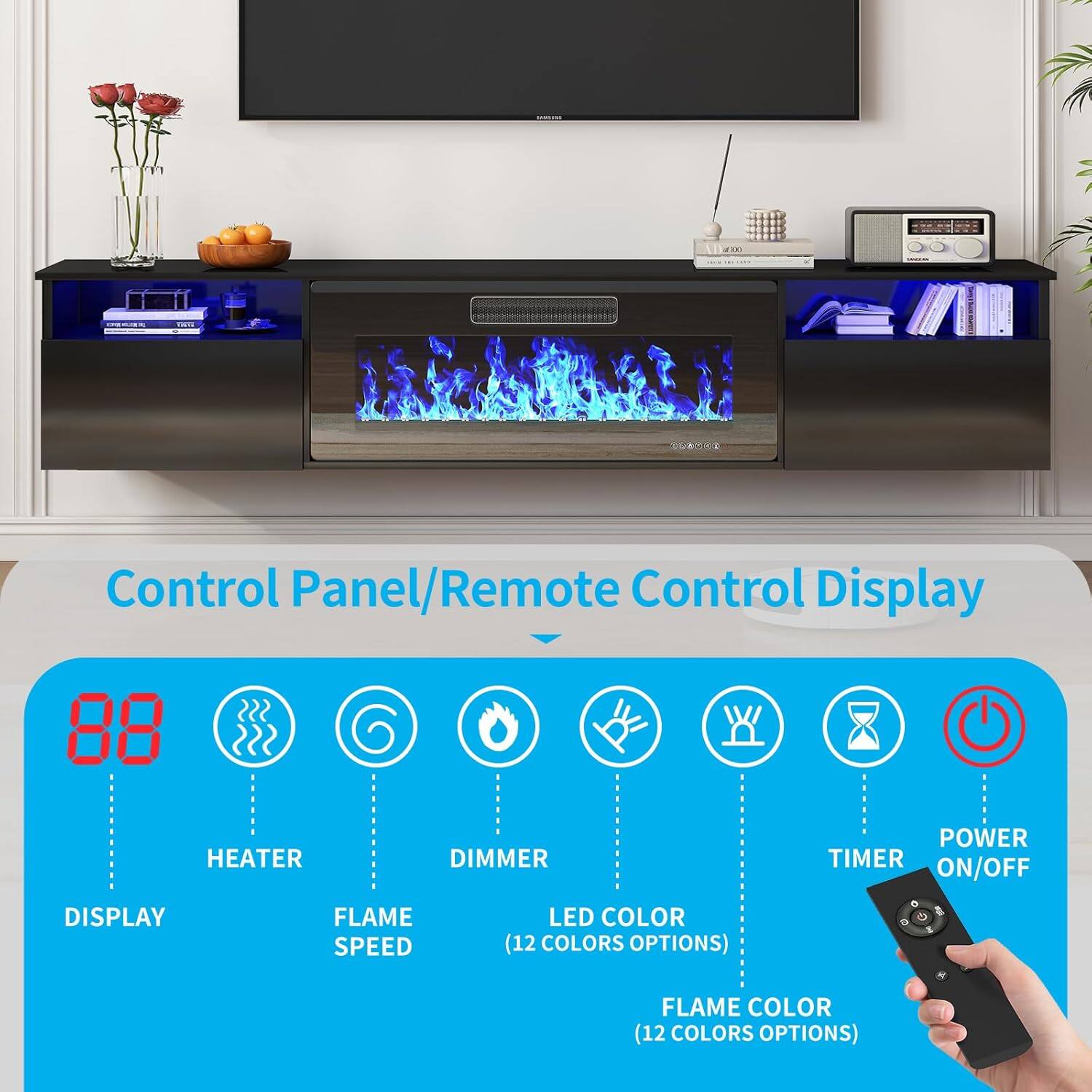 Control Panel/Remote Control Display

- Display
- Heater
- Flame Speed
- Dimmer
- LED Color (12 Colors Options)
- Flame Color (12 Colors Options)
- Timer
- Power On/Off