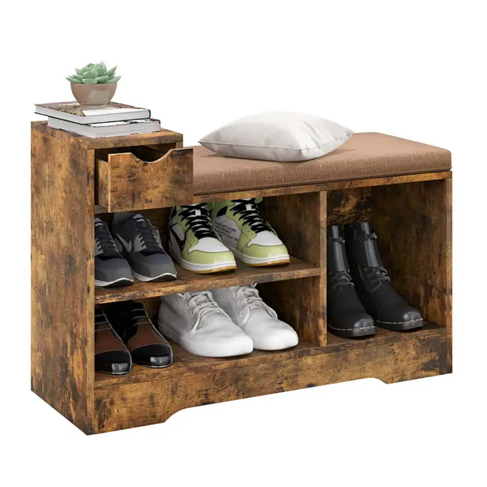 Angle. Kadyn - Entryway Storage Shoe Bench with 1 Storage Drawer and 3 Open Compartments-Rustic Brown, Space-Saving Shoe Rack Organizer - Brown.